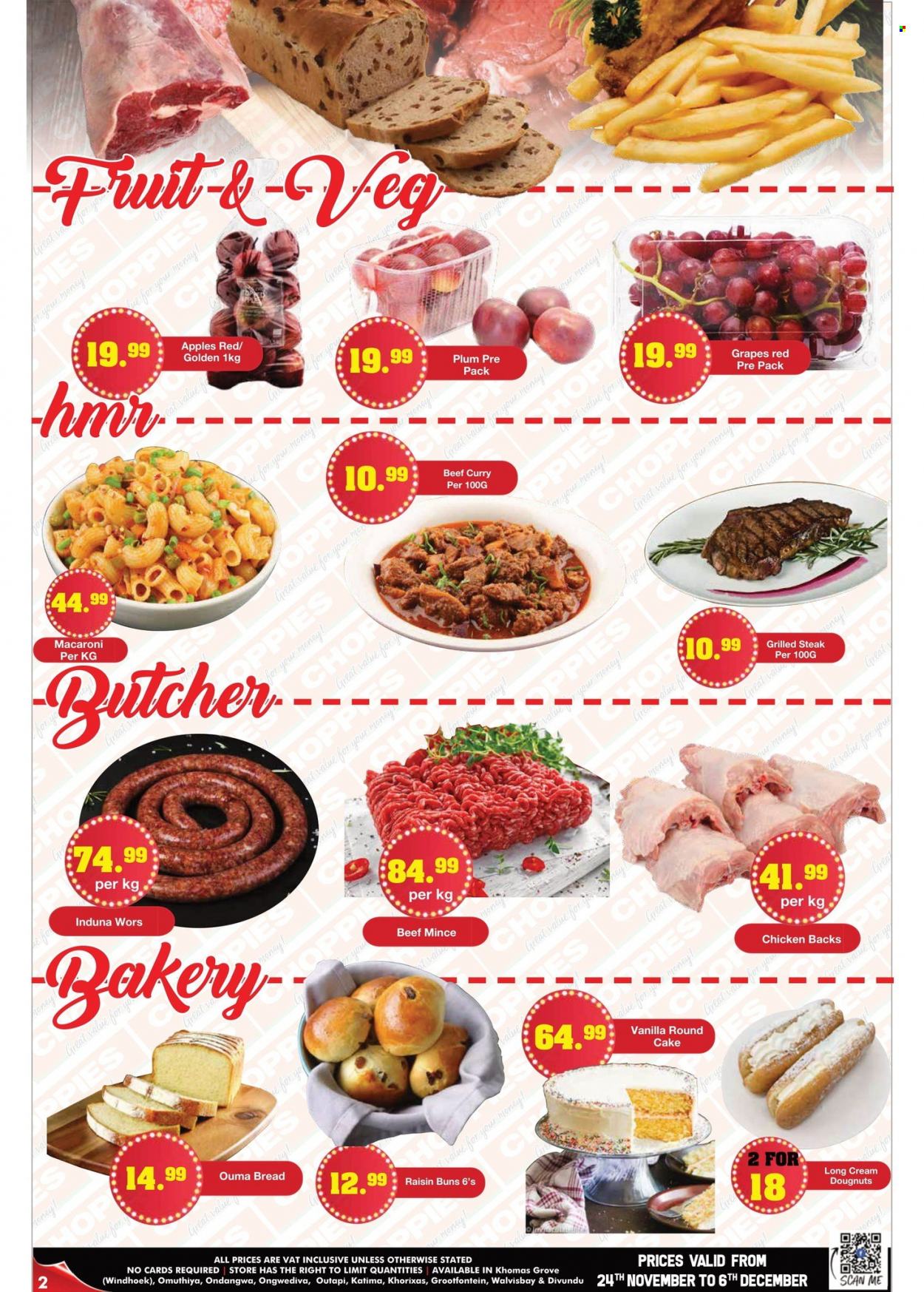 Choppies catalogue  - 24/11/2022 - 06/12/2022 - Sales products - bread, cake, buns, grapes, apples, macaroni, honey, beef meat, steak. Page 2.