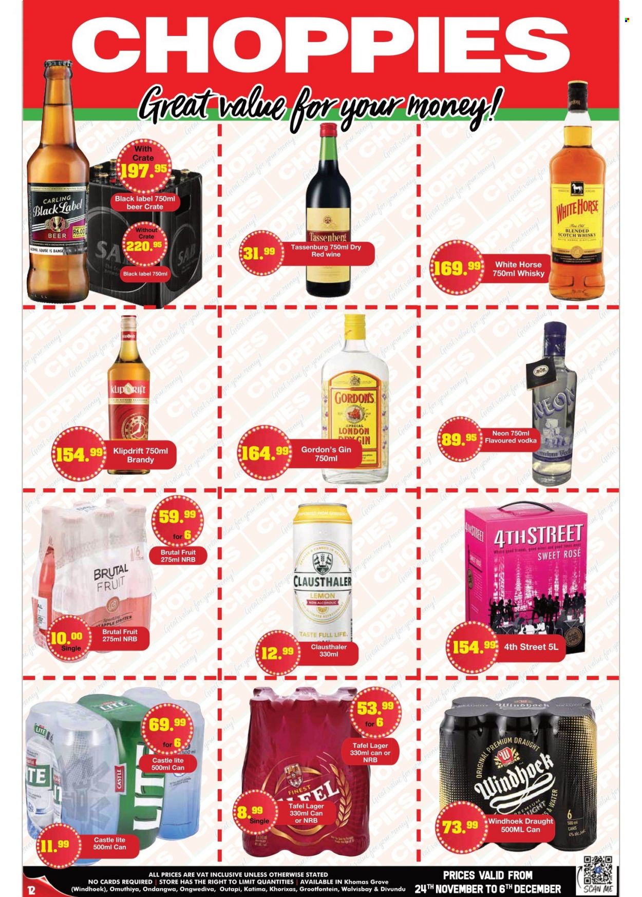 Choppies catalogue  - 24/11/2022 - 06/12/2022 - Sales products - honey, red wine, wine, rosé wine, brandy, gin, vodka, Gordon's, Klipdrift, scotch whisky, whisky, beer, Carling, Castle, Lager, crate. Page 12.