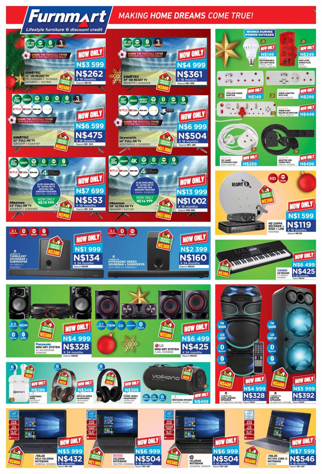Furnmart catalogue  - 07/12/2022 - 31/12/2022 - Sales products - Panasonic, Casio, LG, Lenovo, Intel, keyboard, UHD TV, ultra hd, HDTV, Hisense, Full HD TV, TV, Skyworth, SINOTEC, radio, decoder, speaker, subwoofer, sound bar, headphones, Volkano, extension lead. Page 5.