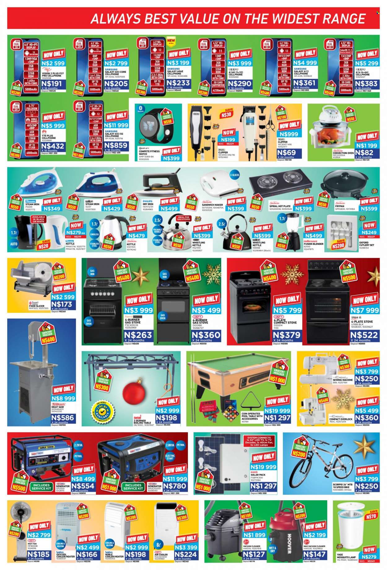 Furnmart catalogue  - 07/12/2022 - 31/12/2022 - Sales products - table, Samsung, fitness smart watch, Samsung Galaxy, memory card, LED TV, TV, decoder, oven, gas stove, convection oven, vacuum cleaner, blender, slicer, sandwich maker, kettle, iron, steam iron, bike, generator. Page 6.