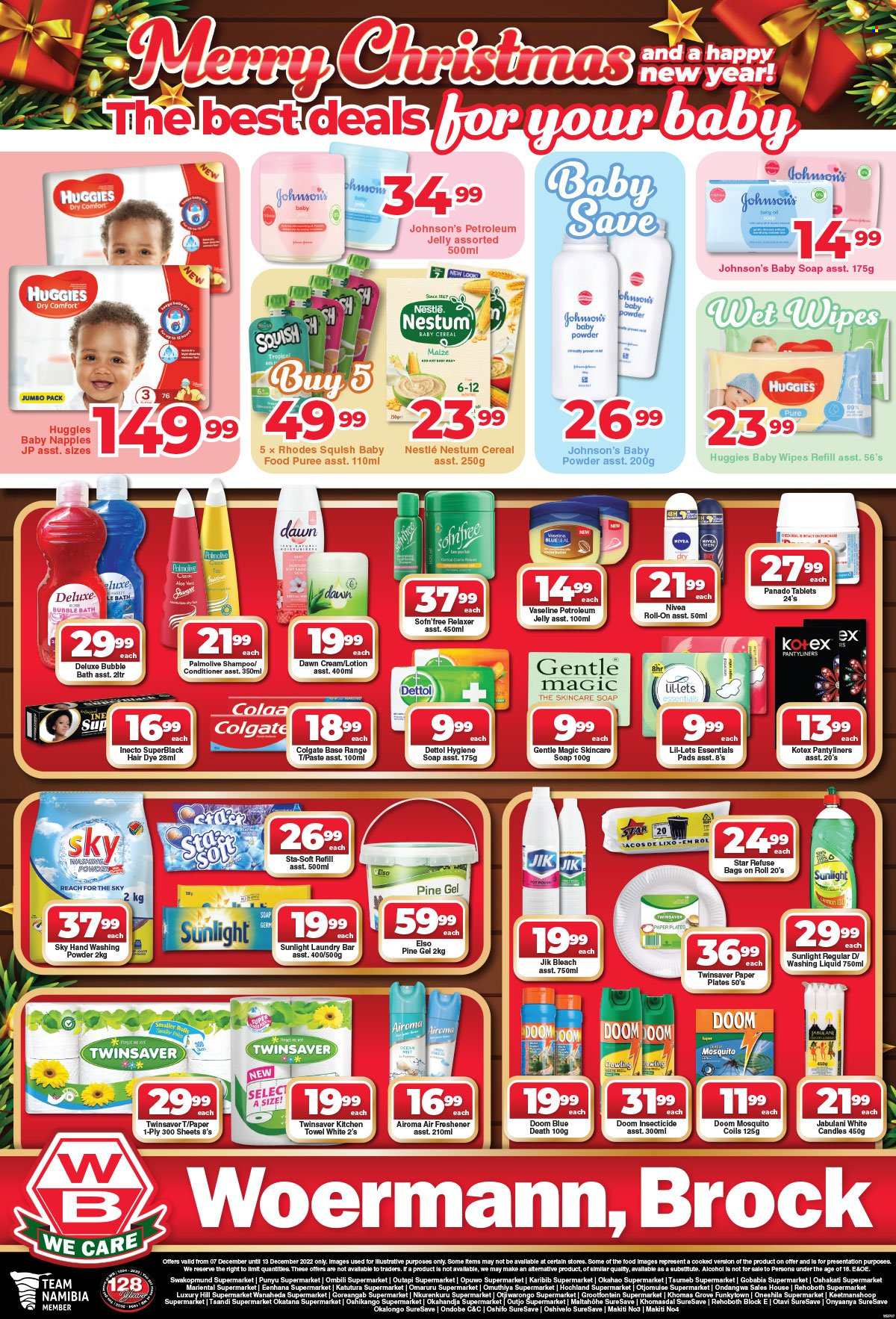 Woermann Brock catalogue  - 07/12/2022 - 13/12/2022 - Sales products - Nestlé, cereals, alcohol, wipes, Huggies, baby wipes, Johnson's, kitchen towels, Dettol, bleach, laundry powder, laundry soap bar, Sunlight, bubble bath, shampoo, Nivea, Palmolive, Vaseline, soap, Colgate, Kotex, pantyliners, Lil-lets, petroleum jelly, Gentle Magic, conditioner, relaxer, body lotion, roll-on. Page 6.