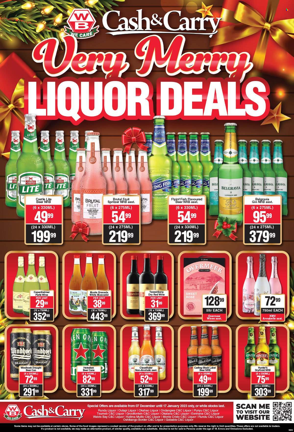 Woermann Brock catalogue  - 07/12/2022 - 17/01/2023 - Sales products - fish, red wine, Cuvée, alcohol, KWV, rosé wine, liquor, Belgravia, gin & tonic, Hunter's Dry, beer, Heineken, Carling, Castle. Page 2.