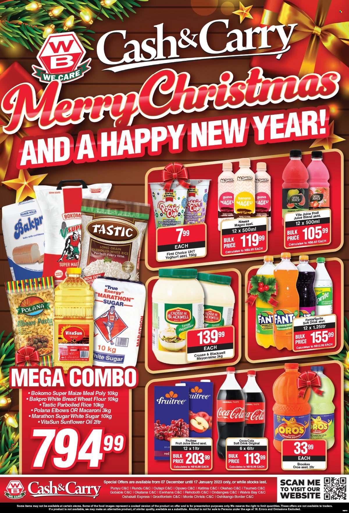 Woermann Brock catalogue  - 07/12/2022 - 17/01/2023 - Sales products - bread, white bread, guava, macaroni, pasta, yoghurt, Number 1 Mageu, mayonnaise, snack, flour, sugar, wheat flour, maize meal, rice, white rice, parboiled rice, Tastic, sunflower oil, oil, Coca-Cola, Sprite, Fanta, fruit juice, juice, soft drink, Oros, orange squash, alcohol. Page 1.