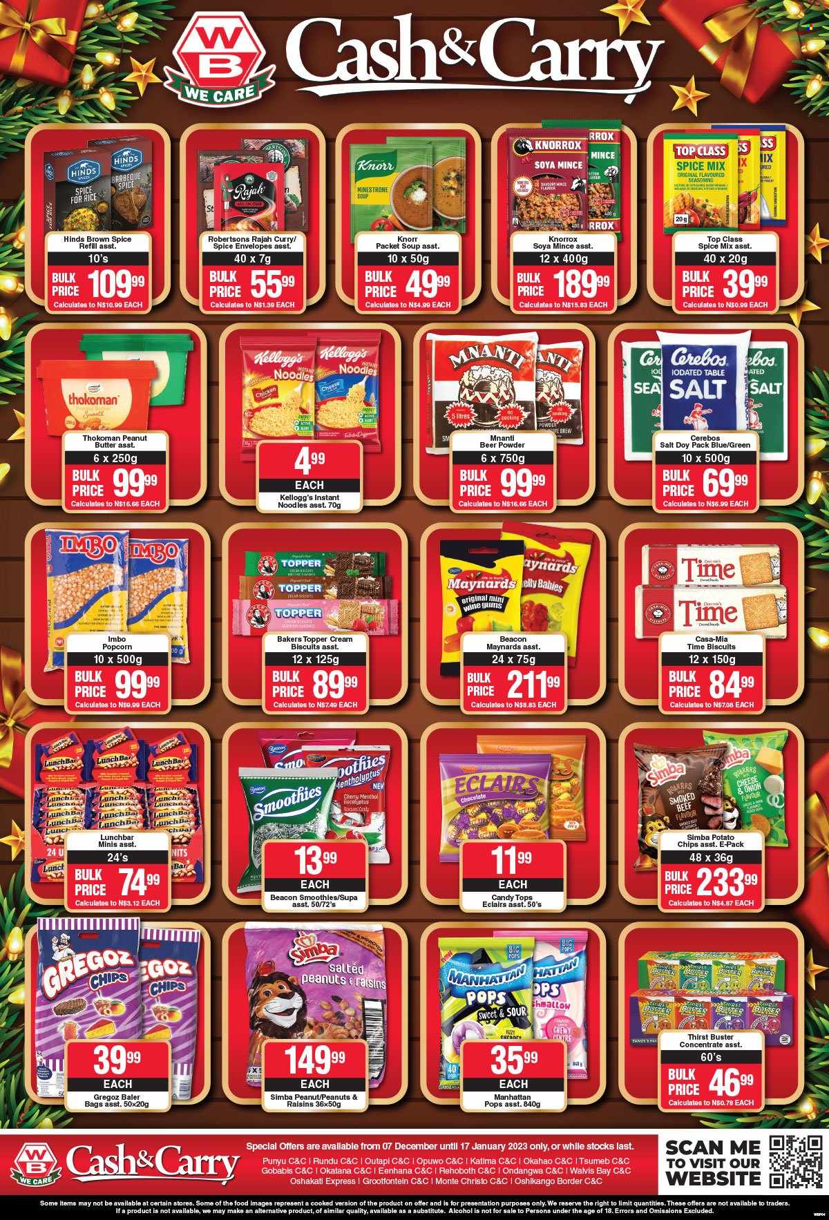 Woermann Brock catalogue  - 07/12/2022 - 17/01/2023 - Sales products - cherries, soup, instant noodles, Knorr, noodles, cheese, chocolate, Kellogg's, biscuit, potato chips, chips, Simba, popcorn, soya mince, Knorrox, rice, spice, Hinds, peanut butter, peanuts, dried fruit, smoothie, alcohol, beer, BIC, Bakers. Page 4.