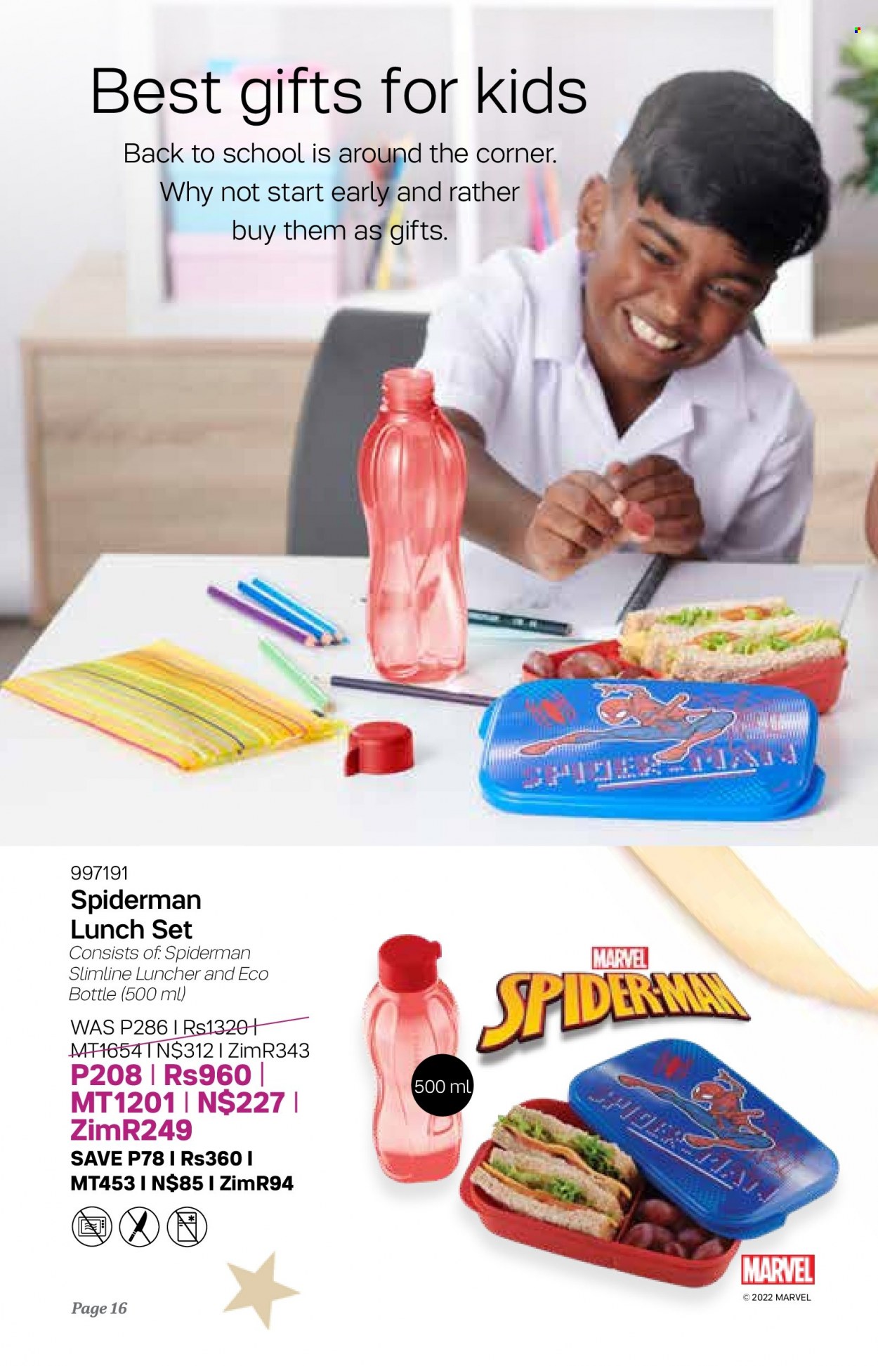 Tupperware catalogue  - 07/12/2022 - 03/01/2023 - Sales products - Spiderman, eco bottle, lunch set. Page 16.