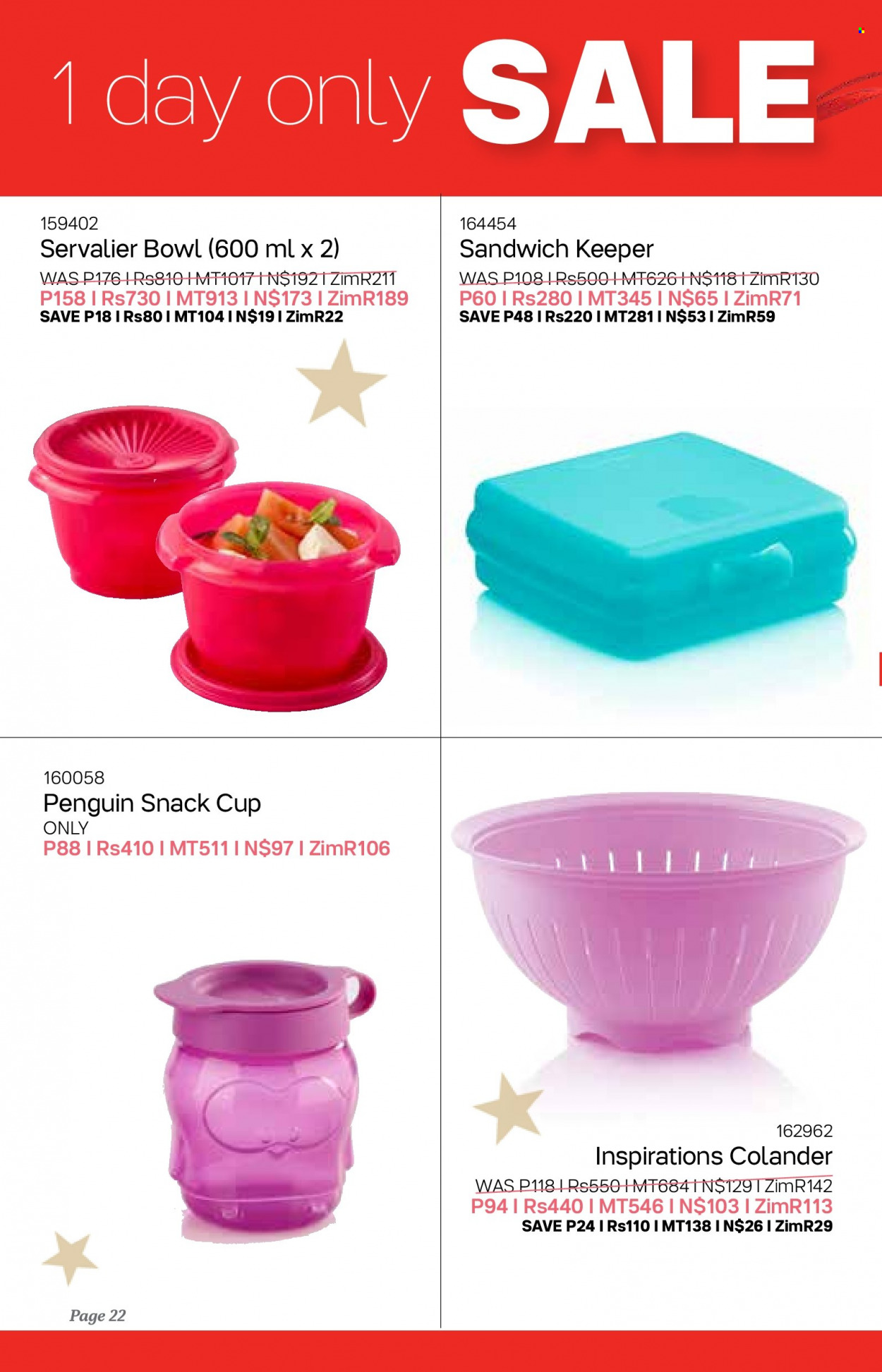 Tupperware catalogue  - 07/12/2022 - 03/01/2023 - Sales products - colander, cup, bowl, sandwich keeper. Page 22.