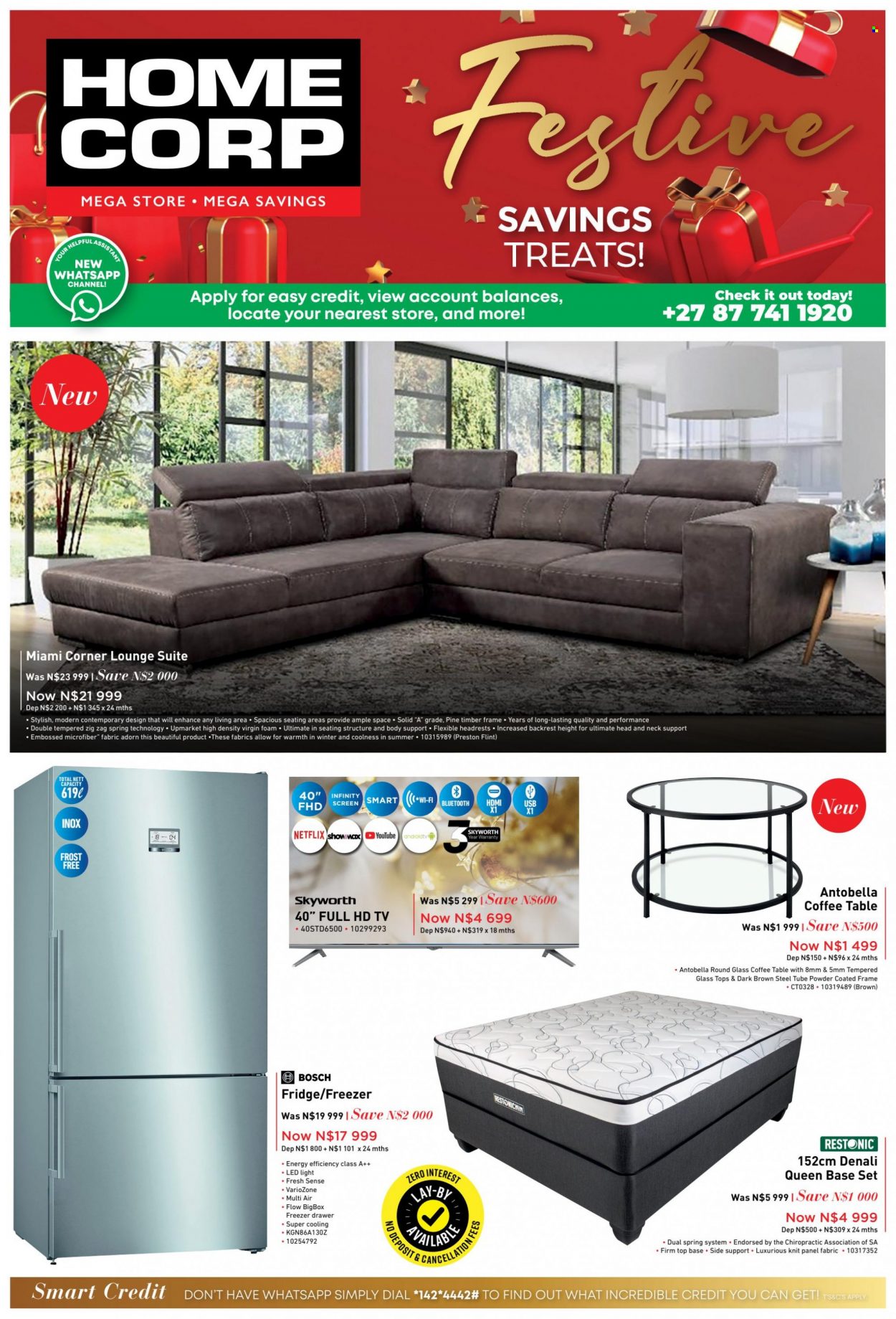HomeCorp catalogue  - 08/12/2022 - 12/12/2022 - Sales products - table, lounge suite, lounge, coffee table, base set, Android TV, HDTV, Full HD TV, TV, Skyworth, Bosch, freezer, refrigerator, fridge. Page 1.