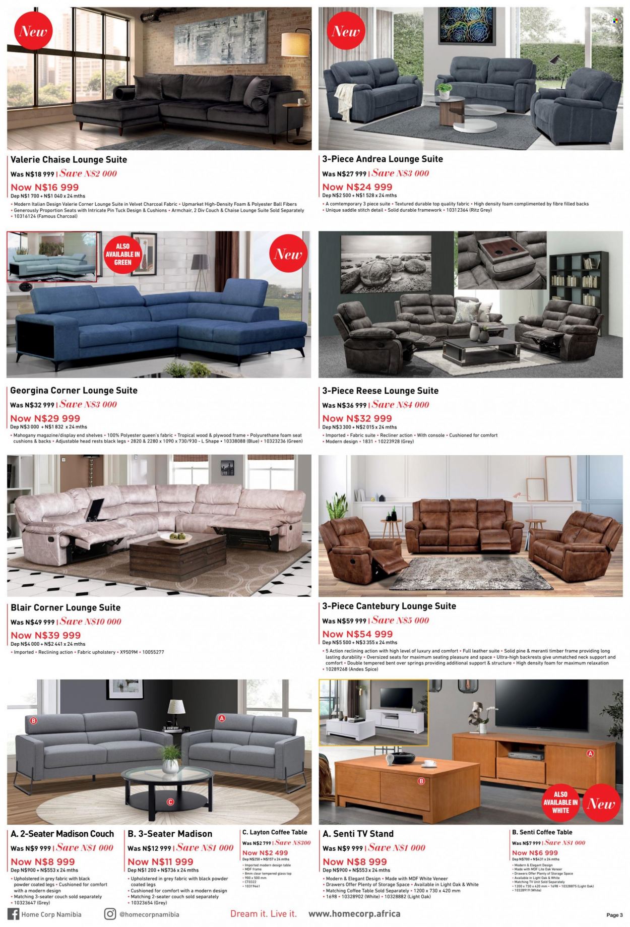 HomeCorp catalogue  - 08/12/2022 - 12/12/2022 - Sales products - table, arm chair, recliner chair, lounge suite, couch, lounge, coffee table, tv unit, TV stand, shelves, cushion, charcoal. Page 3.