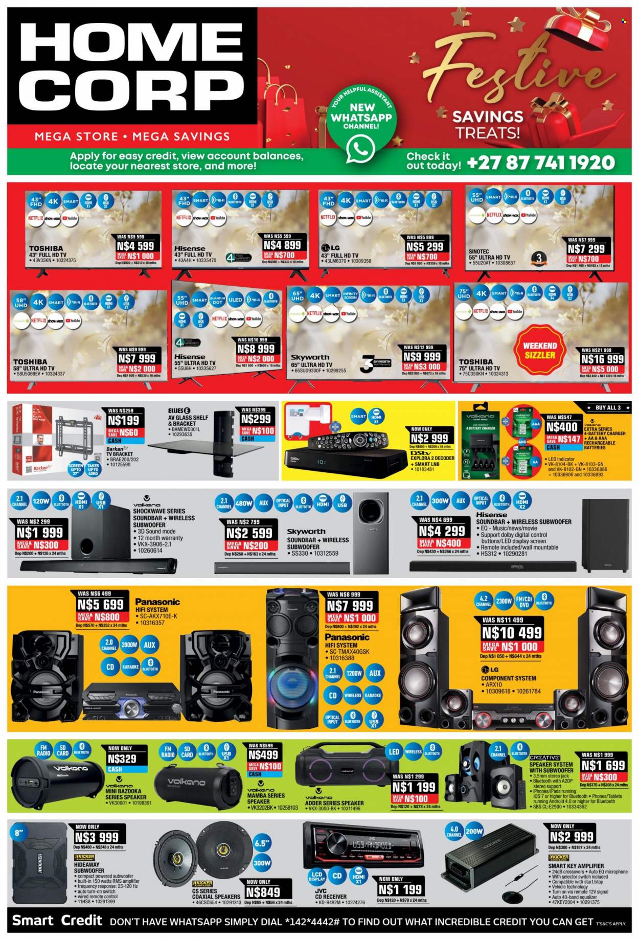 HomeCorp catalogue  - 08/12/2022 - 12/12/2022 - Sales products - shelves, LG, Android TV, Toshiba, UHD TV, ultra hd, HDTV, Hisense, JVC, Full HD TV, Skyworth, SINOTEC, radio, decoder, speaker, subwoofer, wireless subwoofer, sound bar, microphone, Volkano, remote control, tv bracket, amplifier, tv wall mount, smart lnb, battery charger. Page 5.