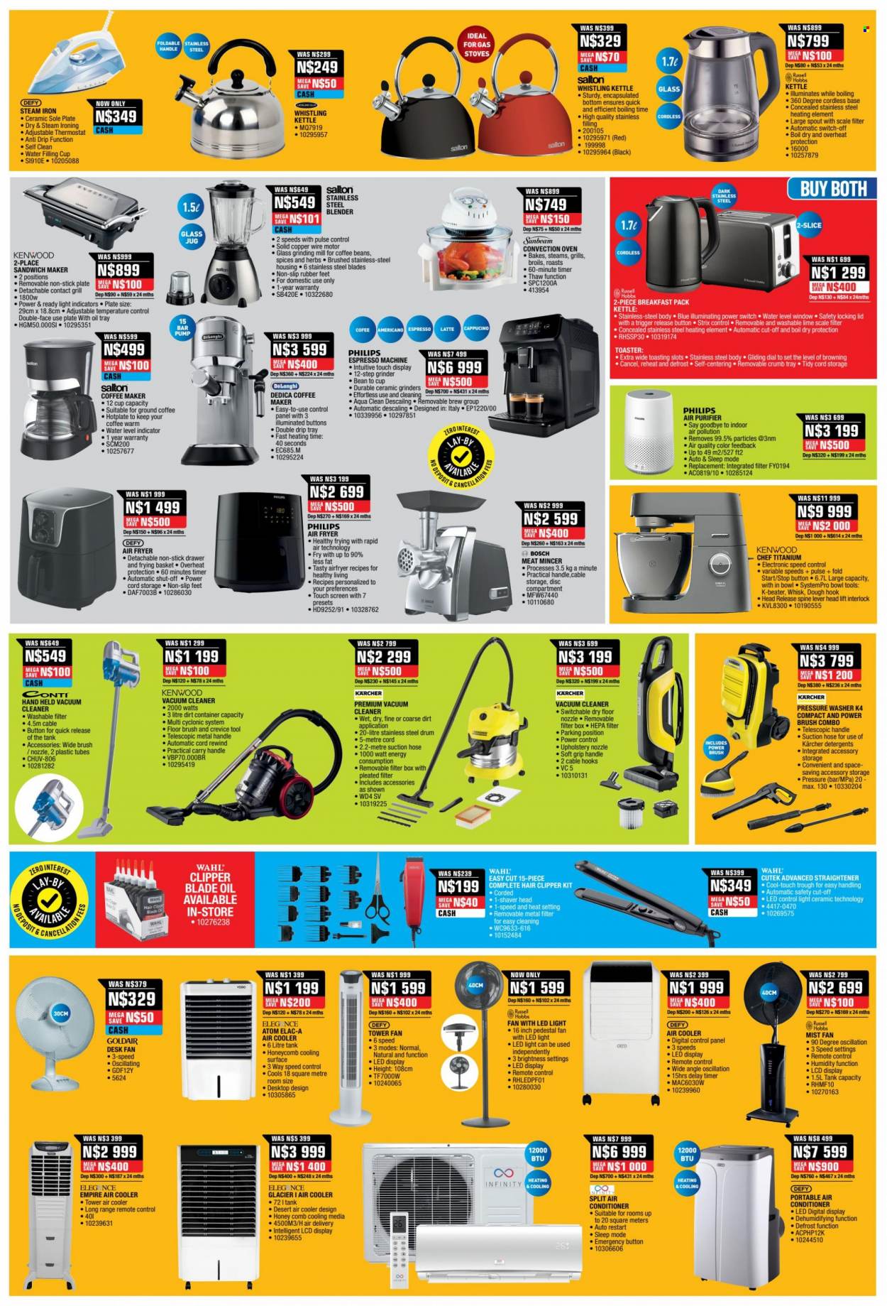HomeCorp catalogue  - 08/12/2022 - 12/12/2022 - Sales products - desk, container, Sunbeam, Philips, remote control, Bosch, oven, convection oven, air conditioner, air purifier, air cooler, portable air conditioner, stand fan, ceiling fan, desk fan, coffee machine, De'Longhi, espresso maker, vacuum cleaner, blender, air fryer, Kenwood, Russell Hobbs, toaster, sandwich maker, kettle, iron, steam iron, grinder, scale, basket, tank. Page 7.