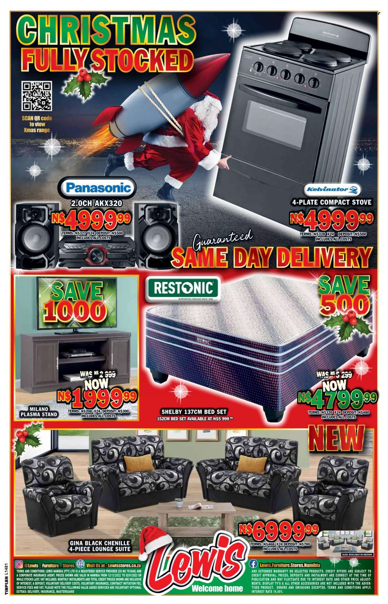 Lewis catalogue  - 12/12/2022 - 02/01/2023 - Sales products - lounge suite, lounge, bed, plate, Panasonic, Kelvinator, stove. Page 16.