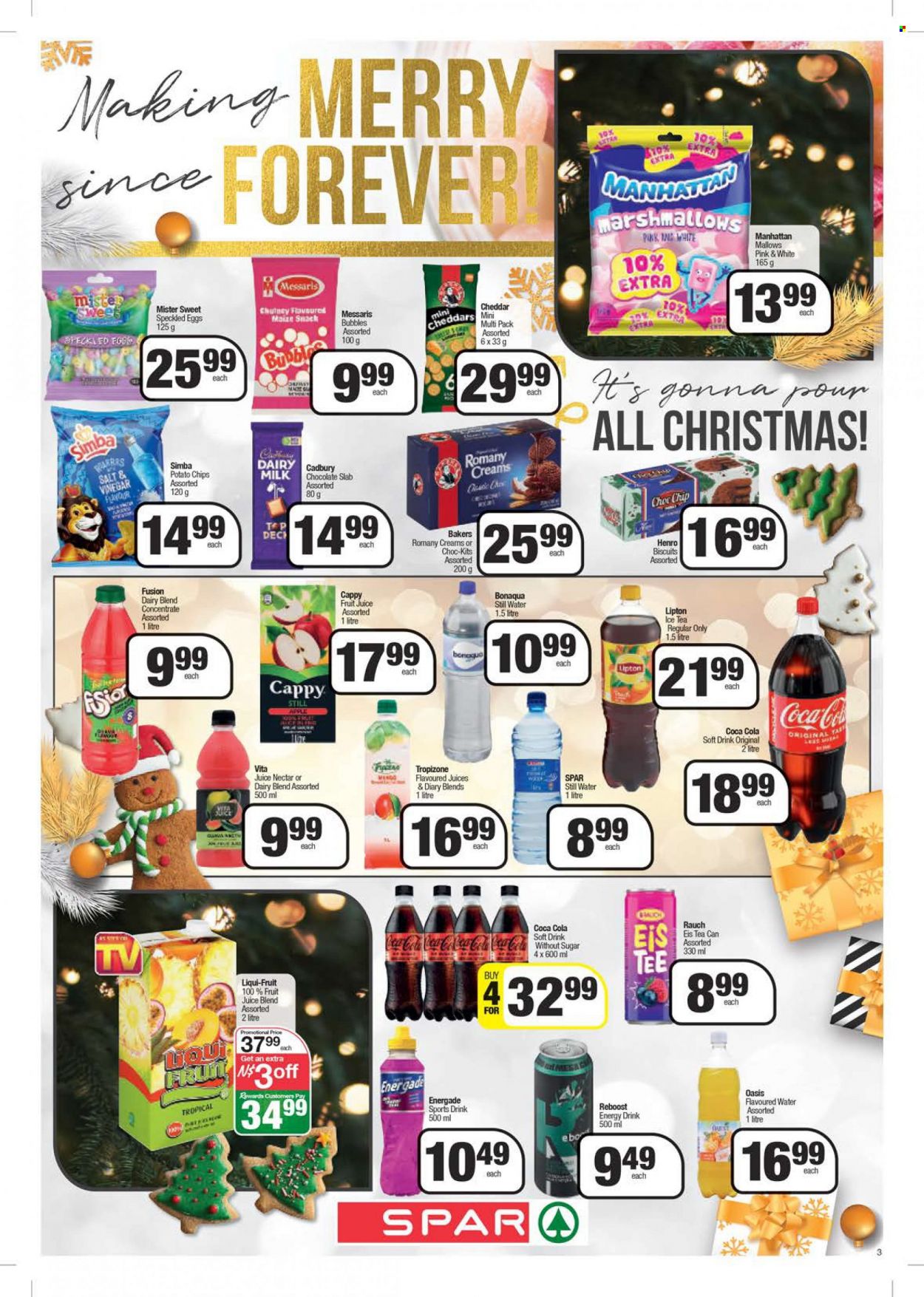 SPAR catalogue  - 13/12/2022 - 25/12/2022 - Sales products - cheese, dairy blend, eggs, marshmallows, chocolate, snack, biscuit, Cadbury, Dairy Milk, potato chips, chips, Simba, sugar, Coca-Cola, energy drink, Lipton, fruit juice, juice, ice tea, soft drink, mineral water, bottled water, Bonaqua, tea. Page 3.