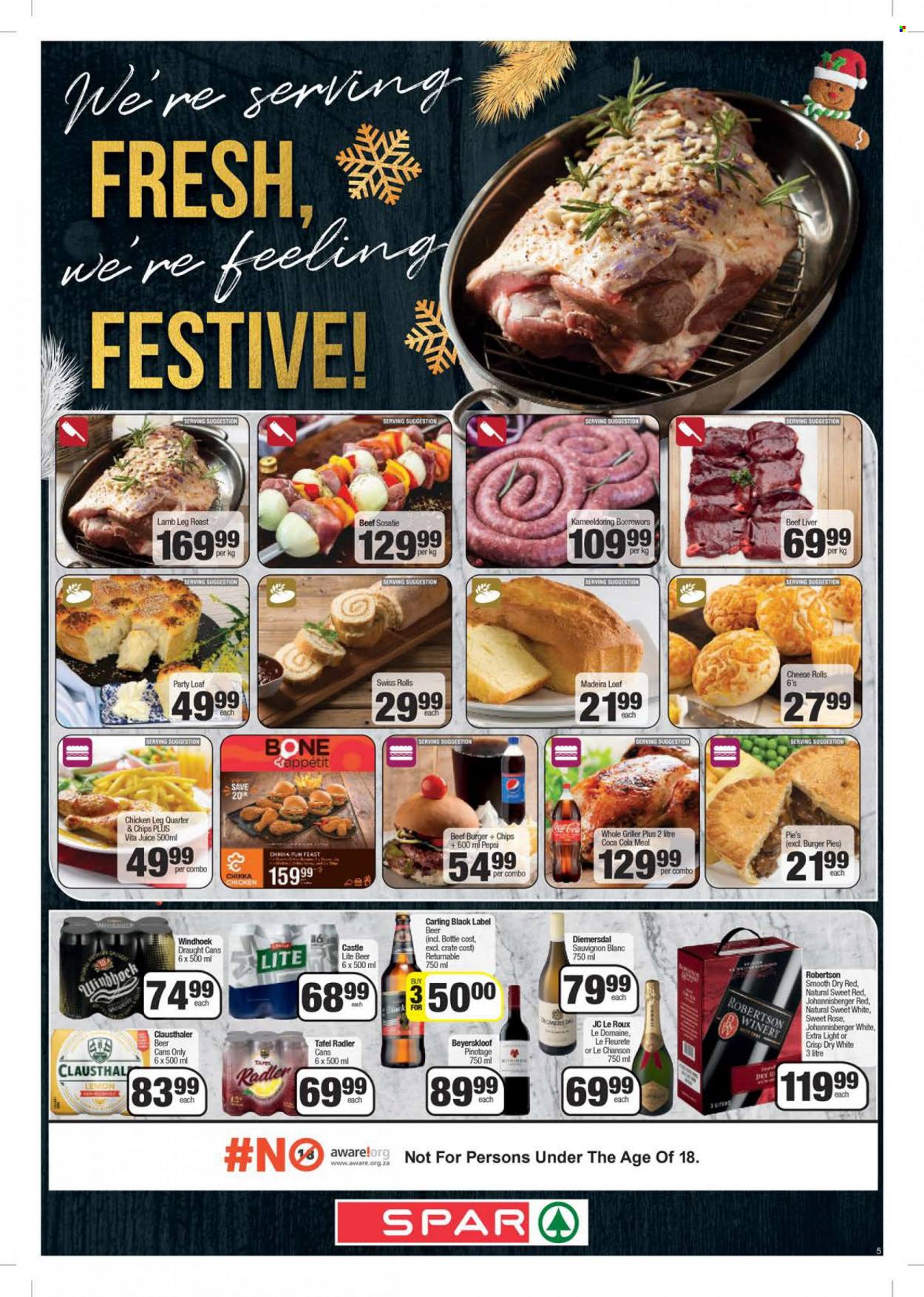 SPAR catalogue  - 13/12/2022 - 25/12/2022 - Sales products - hamburger, beef burger, cheese, chips, cheese rolls, Coca-Cola, Pepsi, juice, white wine, wine, Diemersdal, Sauvignon Blanc, rosé wine, beer, Carling, Castle, chicken legs, beef liver, beef meat, lamb meat, lamb leg, braai wors. Page 5.