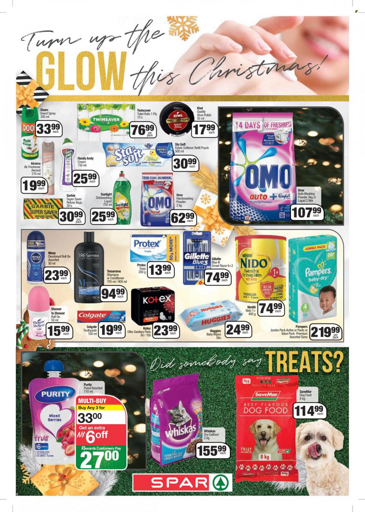 thumbnail - SPAR catalogue  - 13/12/2022 - 25/12/2022 - Sales products - kiwi, Nestlé, powder drink, Purity, wipes, Huggies, Pampers, pants, baby wipes, toilet paper, fabric softener, Omo, softener refill, laundry powder, Sunlight, shampoo, Nivea, Protex, soap, Colgate, toothpaste, sanitary pads, Kotex, conditioner, TRESemmé, Gillette, razor, refuse bag. Page 6.