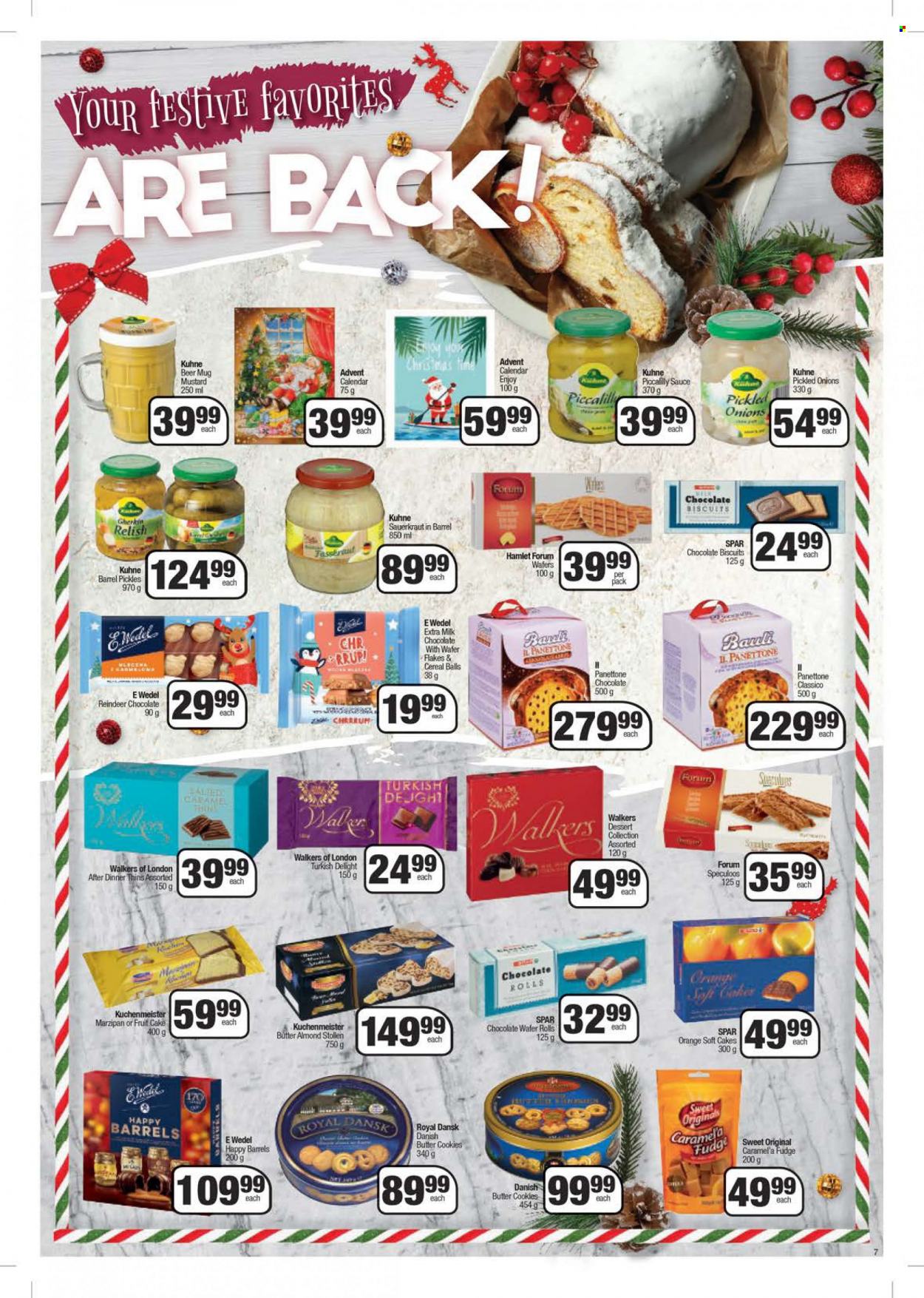 thumbnail - SPAR catalogue  - 13/12/2022 - 25/12/2022 - Sales products - cake, stollen, panettone, onion, oranges, sauce, advent calendar, cookies, fudge, milk chocolate, Spekulatius, wafers, chocolate, butter cookies, biscuit, Thins, marzipan, sauerkraut, pickles, cereals, mustard, Classico, beer. Page 7.