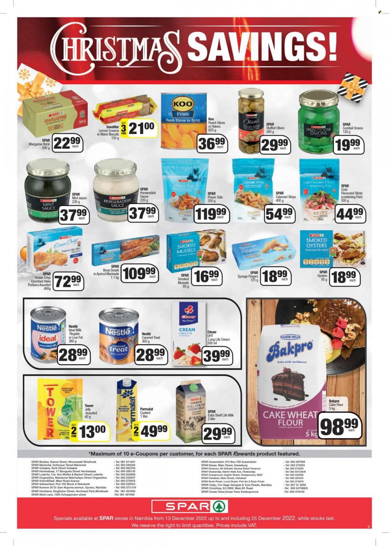SPAR catalogue  - 13/12/2022 - 25/12/2022 - Sales products - horseradish, onion, calamari, mussel, smoked oysters, oysters, hake, prawns, crab, fish, sauce, custard, Clover, Parmalat, milk, margarine, strips, Nestlé, jelly, biscuit, flour, wheat flour, cake flour, olives, Koo, caramel treat, caramel, marinade. Page 9.