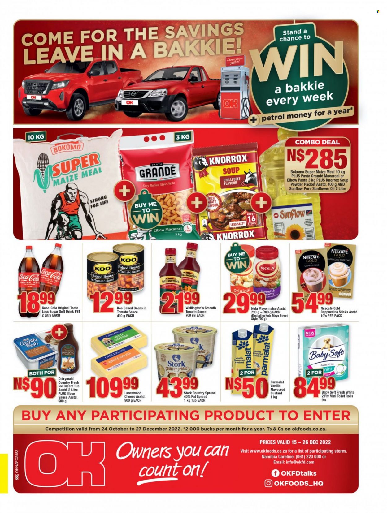 thumbnail - OK catalogue  - 15/12/2022 - 26/12/2022 - Sales products - macaroni, soup, pasta, gouda, cheddar, cheese, Lancewood, custard, Parmalat, milk, fat spread, mayonnaise, ice cream, maize meal, Knorrox, baked beans, Koo, Pasta Grandé, sunflower oil, oil, Coca-Cola, soft drink, cappuccino, coffee, Nescafé. Page 1.