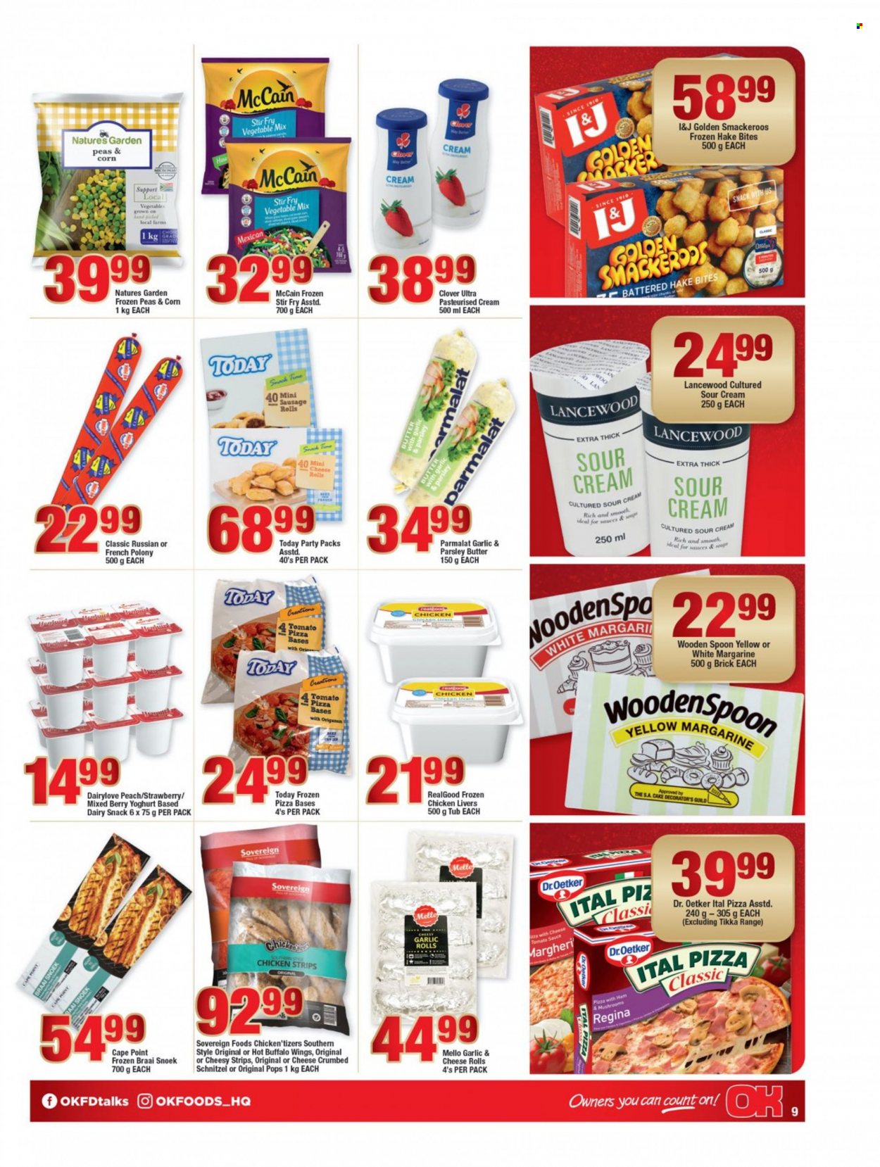 OK catalogue  - 15/12/2022 - 26/12/2022 - Sales products - sausage rolls, cake, garlic roll, parsley, hake, schnitzel, ham, french polony, polony, sausage, Dr. Oetker, Lancewood, yoghurt, Clover, Parmalat, butter, margarine, sour cream, pizza dough, Natures Garden, strips, chicken strips, McCain, Ital Pizza, cheese rolls, tomato sauce, chicken livers, chicken meat. Page 8.