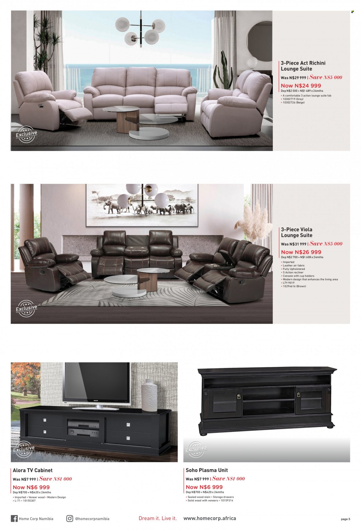 HomeCorp catalogue  - 01/05/2022 - 31/05/2022 - Sales products - cabinet, recliner chair, lounge suite, lounge, TV. Page 5.