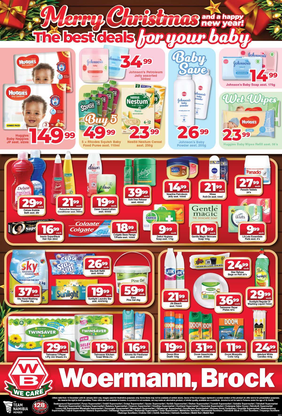 Woermann Brock catalogue  - 14/12/2022 - 03/01/2023 - Sales products - Nestlé, cereals, alcohol, wipes, Huggies, baby wipes, Johnson's, kitchen towels, Dettol, bleach, laundry powder, laundry soap bar, Sunlight, bubble bath, shampoo, Nivea, Palmolive, Vaseline, soap, Colgate, Lil-lets, petroleum jelly, Gentle Magic, conditioner, relaxer, body lotion, roll-on. Page 7.