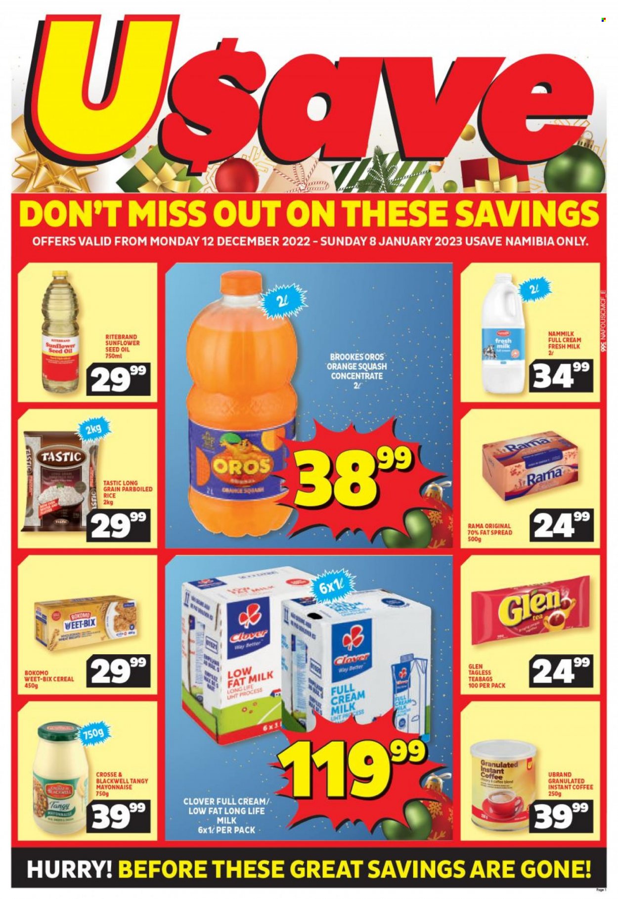 Shoprite catalogue  - 12/12/2022 - 08/01/2023 - Sales products - Clover, fat spread, Rama, mayonnaise, cereal bar, cereals, Weet-Bix, rice, parboiled rice, Tastic, sunflower oil, oil, Oros, orange squash, tea bags, coffee, instant coffee. Page 1.