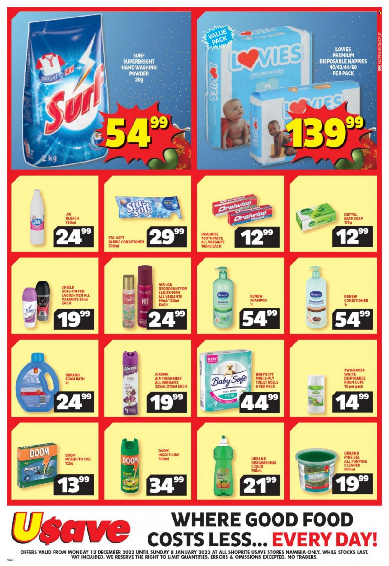 Shoprite catalogue  - 12/12/2022 - 08/01/2023 - Sales products - cod, nappies, Baby Soft, toilet paper, Dettol, bleach, all purpose cleaner, cleaner, fabric conditioner, laundry powder, Surf, dishwashing liquid, shampoo, bath foam, soap, toothpaste, Revlon. Page 3.