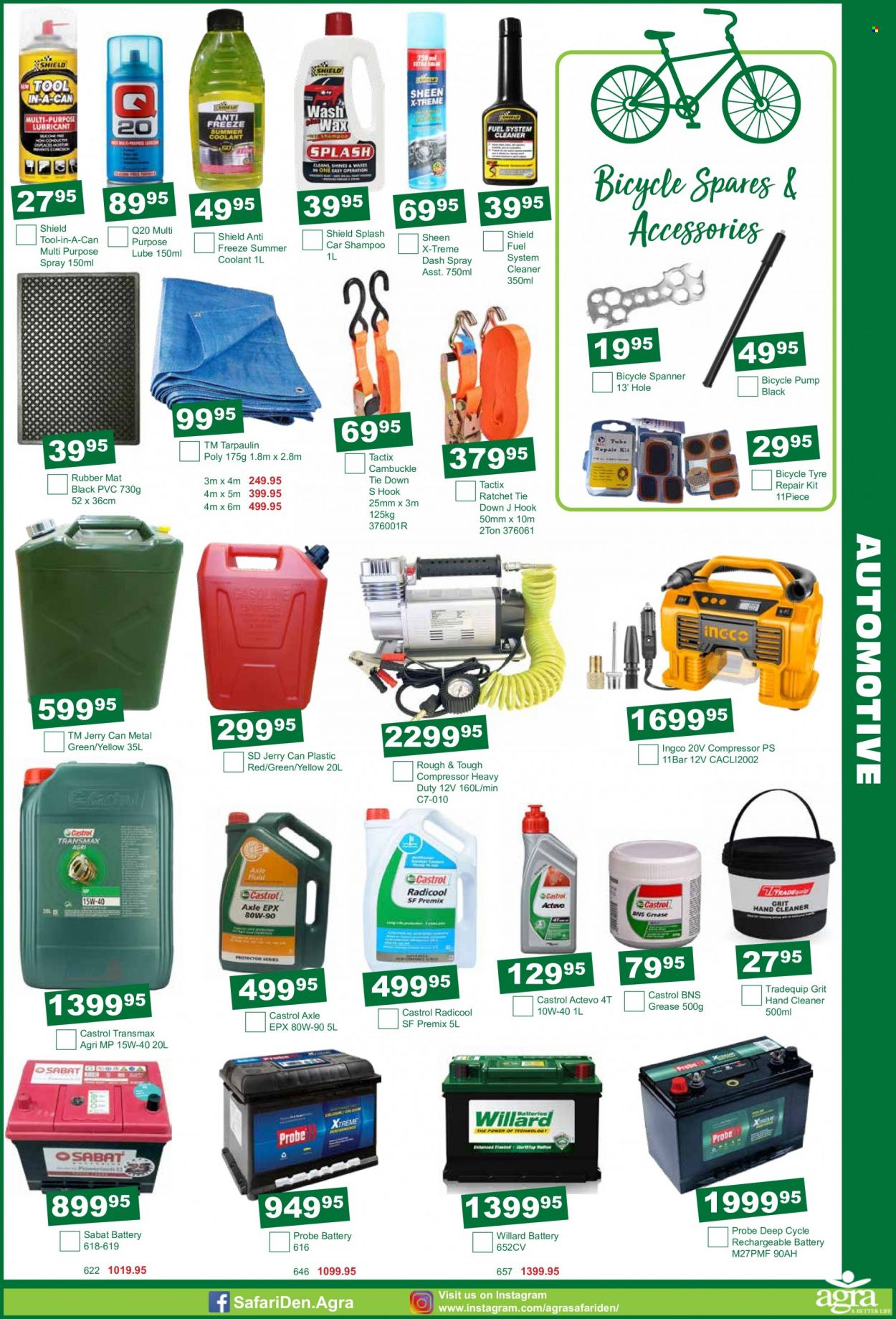 Agra catalogue  - 15/12/2022 - 17/01/2023 - Sales products - hook, rubber mat, rechargeable battery, spanner, air compressor, pump, fuel system cleaner, car shampoo, cleaner, Castrol, jerry can. Page 3.
