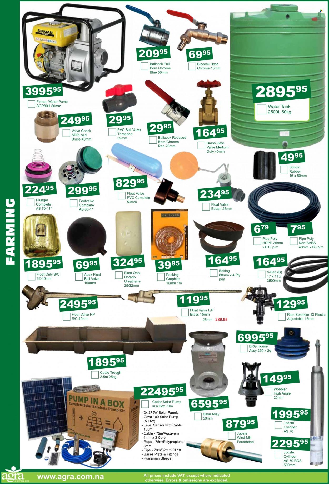 Agra catalogue  - 15/12/2022 - 17/01/2023 - Sales products - water tank, pipe, water pump, eraser, tank, belt, solar panel. Page 8.