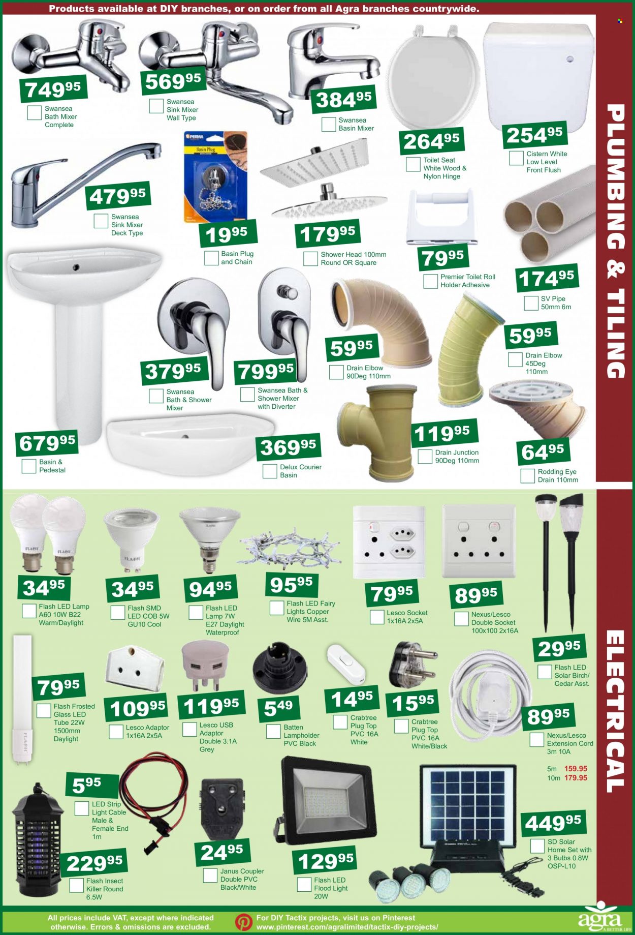 Agra catalogue  - 15/12/2022 - 17/01/2023 - Sales products - toilet seat, showerhead, bath mixer, shower mixer, basin mixer, pipe, Holder, bulb, lamp, LED strip, floodlight, extension cord, insect killer. Page 9.