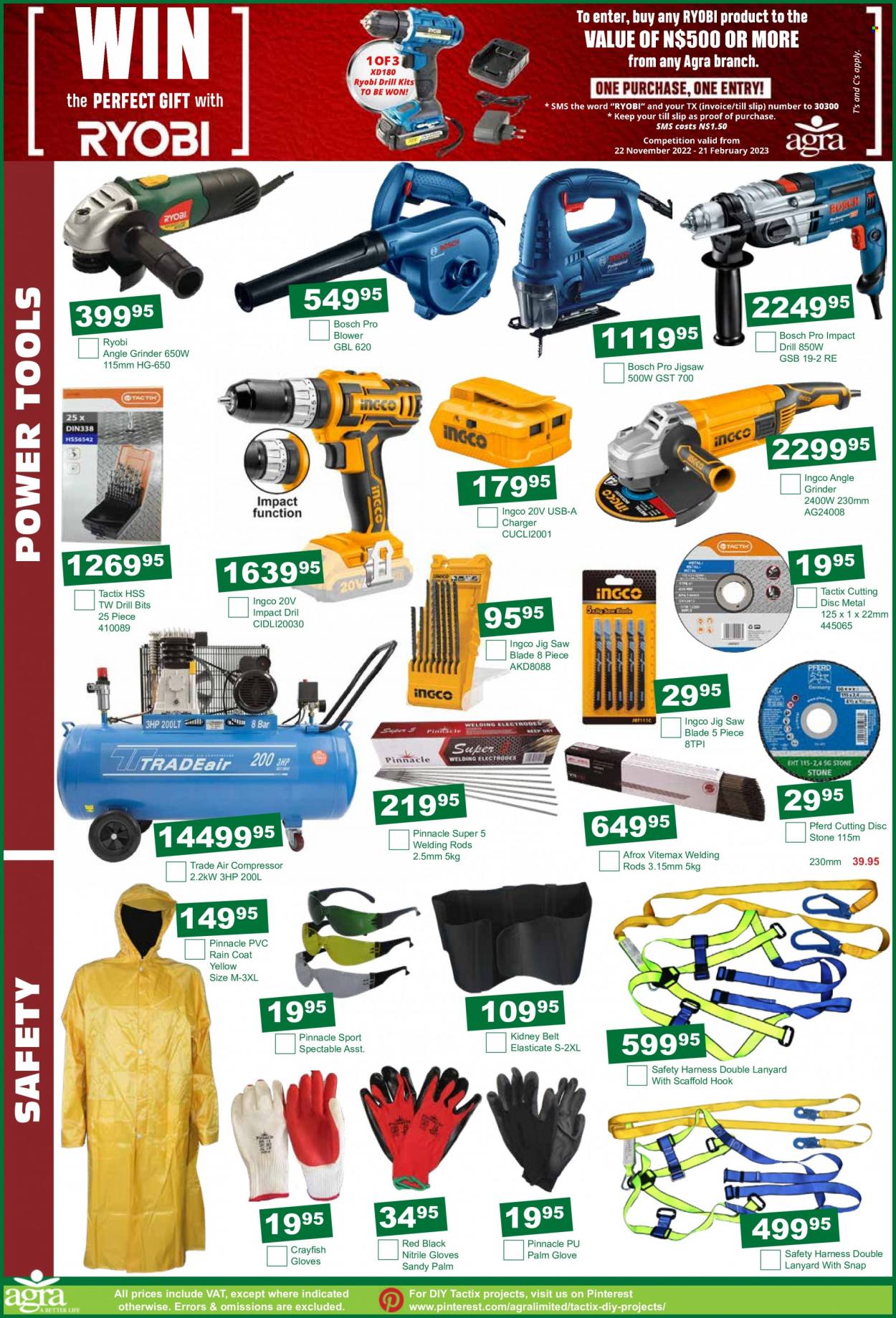 Agra catalogue  - 15/12/2022 - 17/01/2023 - Sales products - hook, belt, power tools, Ryobi, grinder, saw, angle grinder, jig saw, air compressor, welding rods. Page 10.