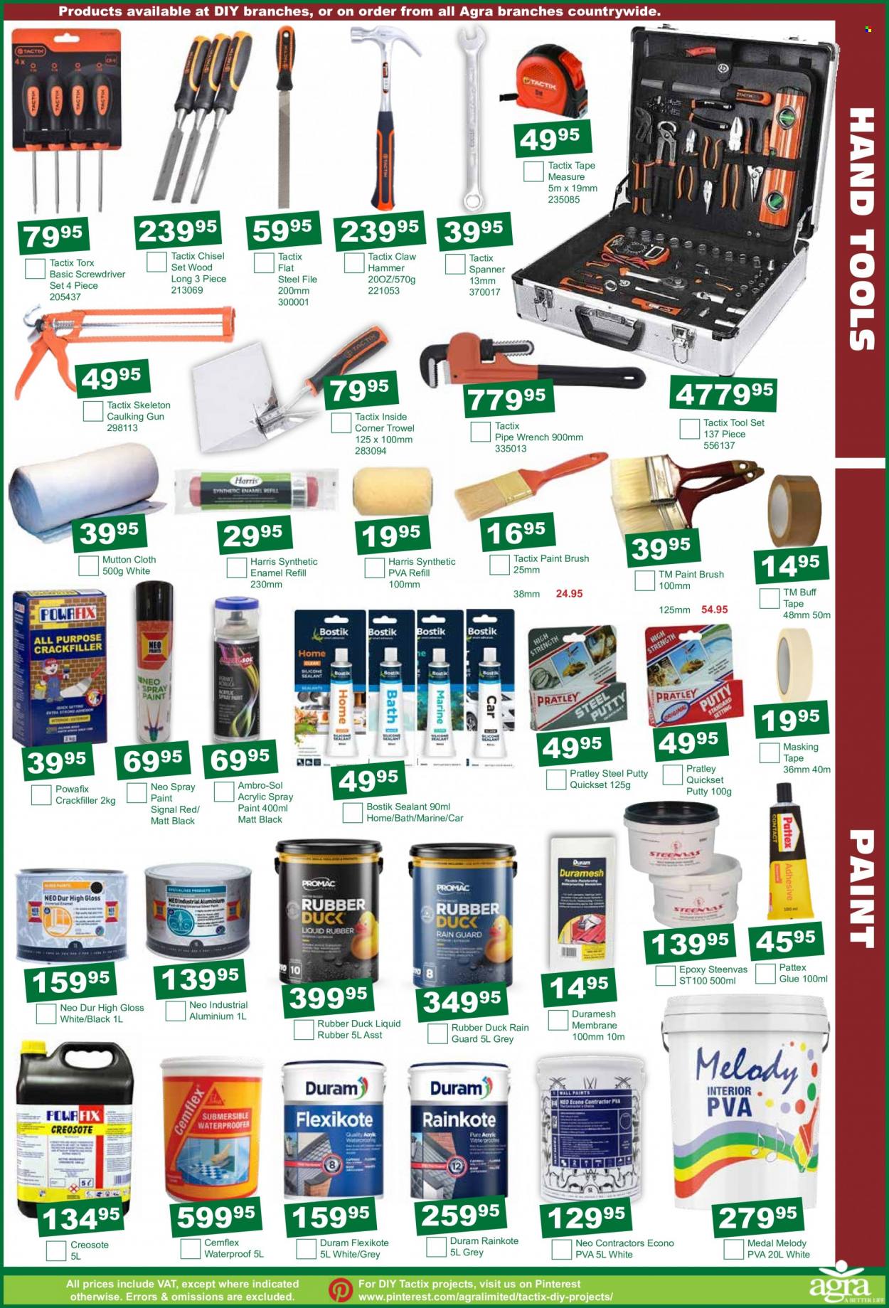 Agra catalogue  - 15/12/2022 - 17/01/2023 - Sales products - paint brush, eraser, glue, masking tape, spray paint, Duram, Medal, screwdriver, hammer, wrench, spanner, tool set, claw hammer, screwdriver set, hand tools, measuring tape, gun. Page 11.