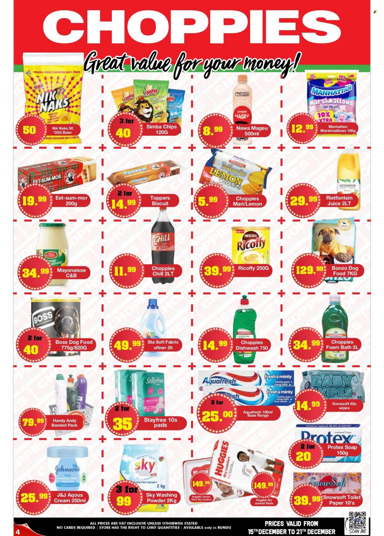 Choppies catalogue  - 15/12/2022 - 21/12/2022 - Sales products - ham, cheese, Number 1 Mageu, marshmallows, snack, biscuit, chips, maize snack, Simba, Nik Naks, juice, Ricoffy, Nescafé, wipes, Huggies, pants, Johnson's, toilet paper, laundry powder, dishwashing liquid, bath foam, Protex, soap, Stayfree. Page 4.