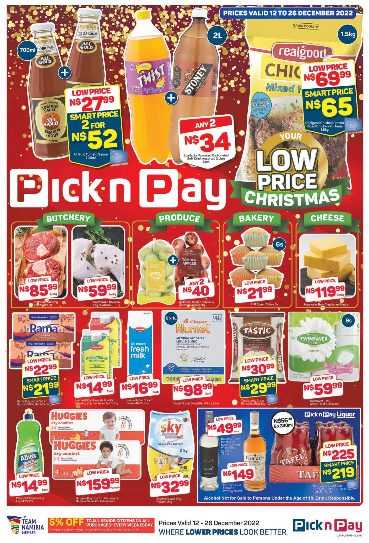 Pick n Pay catalogue  - 12/12/2022 - 26/12/2022 - Sales products - cake, Golden Delicious apple, sauce, gouda, cheddar, cheese, yoghurt, Clover, buttermilk, yoghurt drink, dairy blend, fat spread, Rama, tomato sauce, rice, parboiled rice, Tastic, soft drink, carbonated soft drink, alcohol, rosé wine, liquor, Harrier, whisky, beer, Lager, chicken legs, chicken meat, beef meat, stewing beef, Huggies, nappies, laundry powder, dishwashing liquid, beef bone, ginger beer. Page 1.
