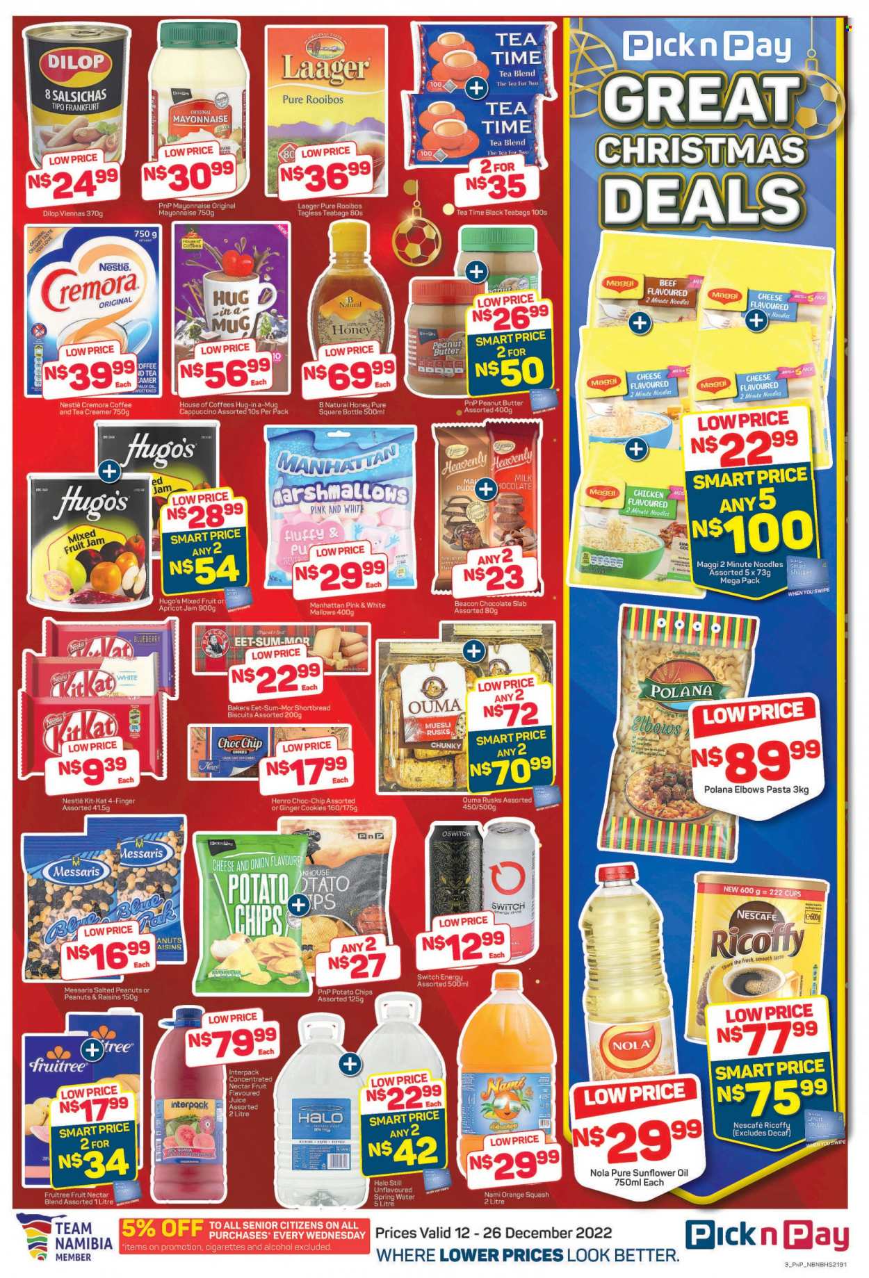 Pick n Pay catalogue  - 12/12/2022 - 26/12/2022 - Sales products - rusks, ginger, guava, pasta, noodles, vienna sausage, cheese, milk, creamer, coffee and tea creamer, mayonnaise, cookies, marshmallows, Nestlé, chocolate, KitKat, biscuit, potato chips, chips, Maggi, Cremora, muesli, sunflower oil, palm oil, oil, apricot jam, honey, jam, peanut butter, peanuts, dried fruit, switch, juice, fruit nectar, orange squash, spring water, tea, tea bags, rooibos tea, cappuccino, coffee, Ricoffy, Nescafé, alcohol, Bakers. Page 3.
