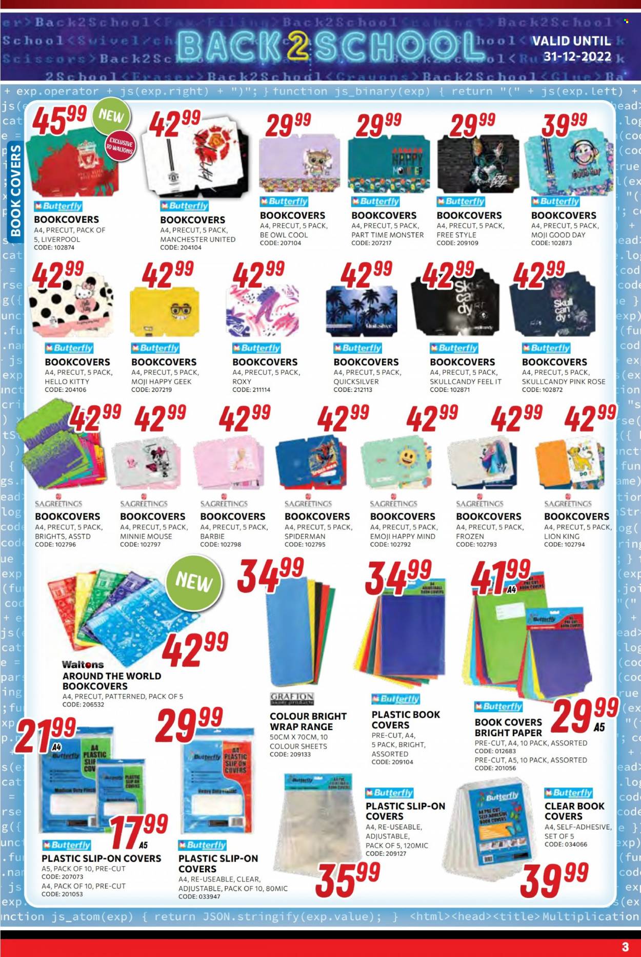 Waltons catalogue  - 16/12/2022 - 31/12/2022 - Sales products - Spiderman, scissors, glue, Hello Kitty, paper, Minnie Mouse, book, Skullcandy, Barbie, Quicksilver. Page 3.