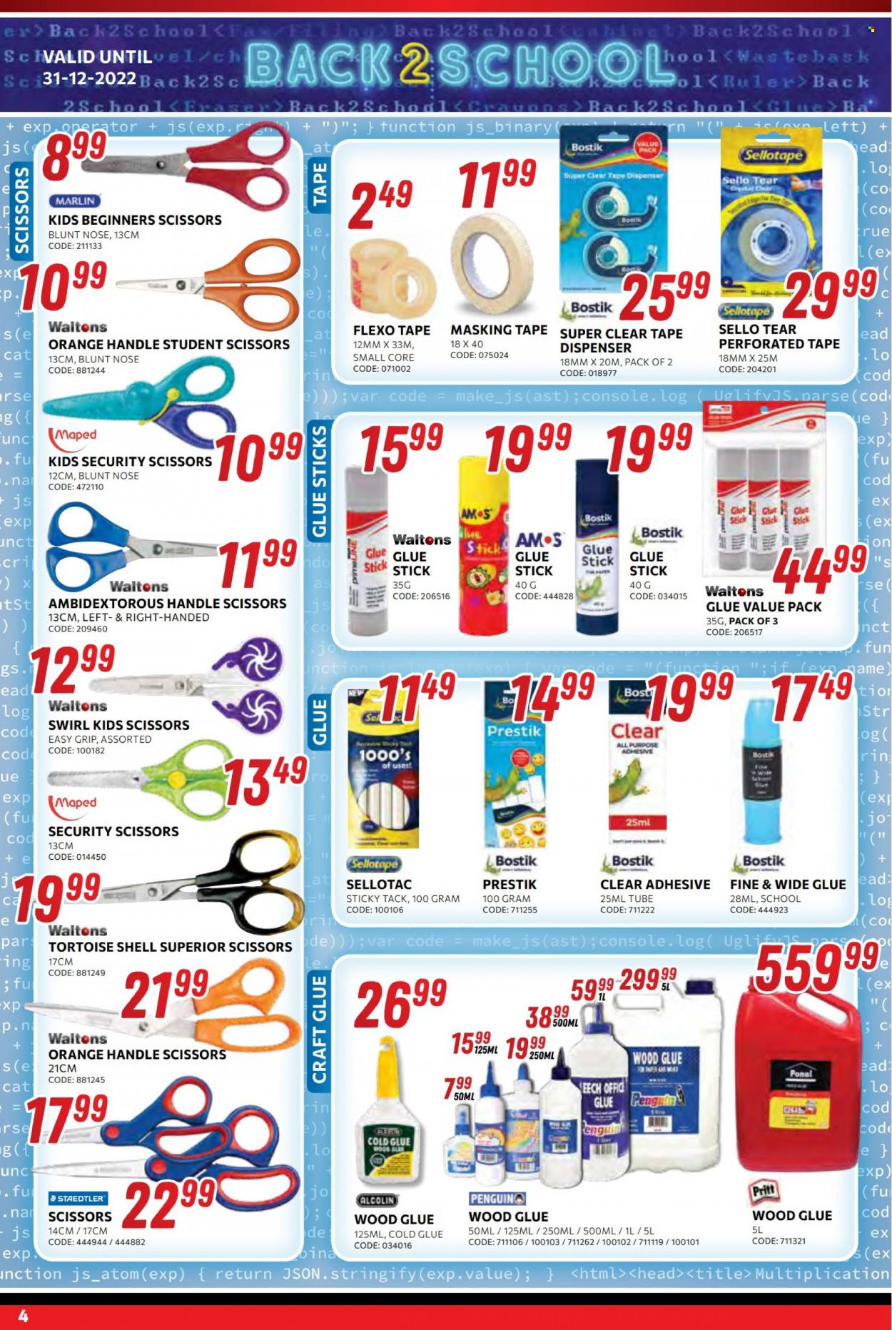 Waltons catalogue  - 16/12/2022 - 31/12/2022 - Sales products - glue stick, scissors, glue, tape dispenser. Page 4.