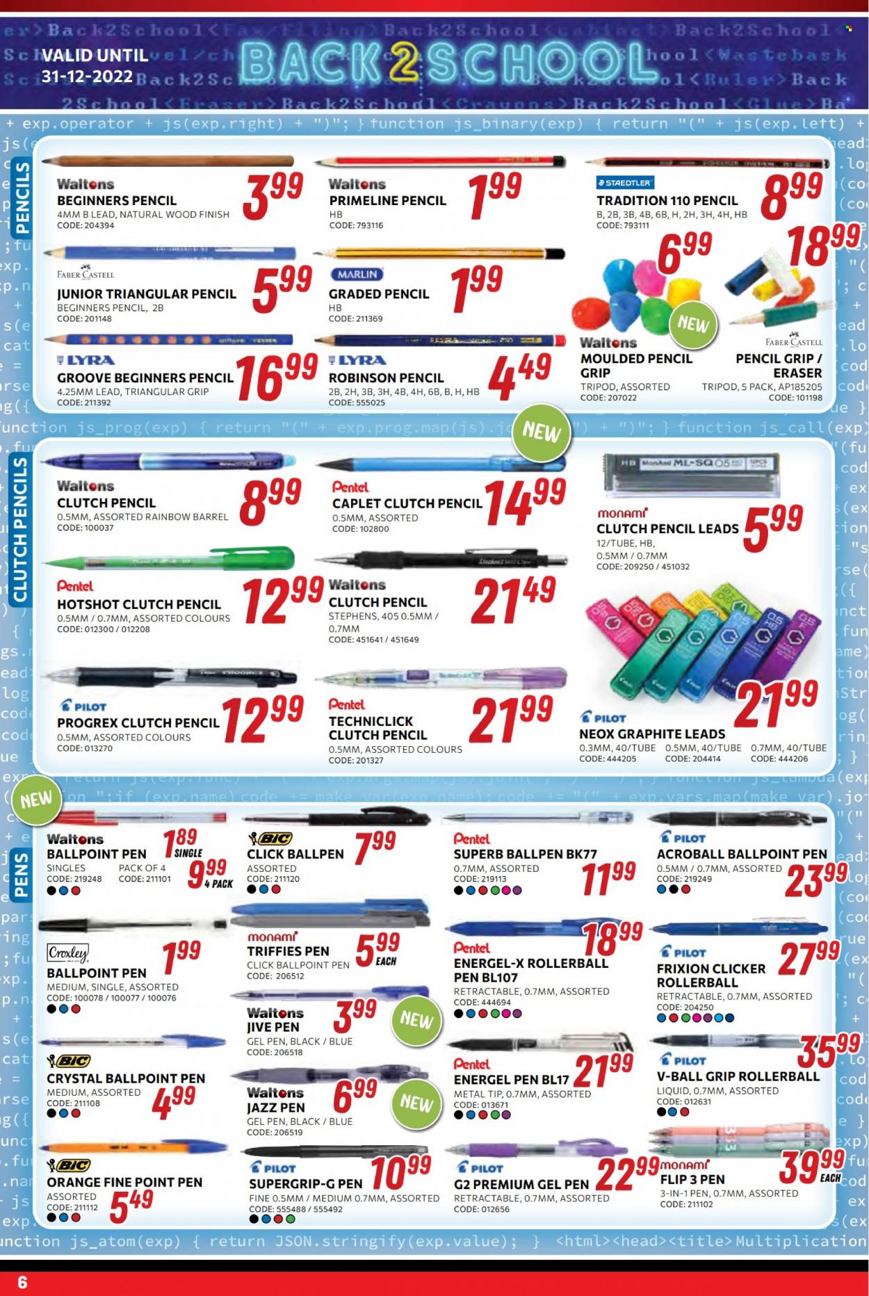 Waltons catalogue  - 16/12/2022 - 31/12/2022 - Sales products - pen, eraser, glue, pencil, gel pen, Pilot, ruler. Page 6.