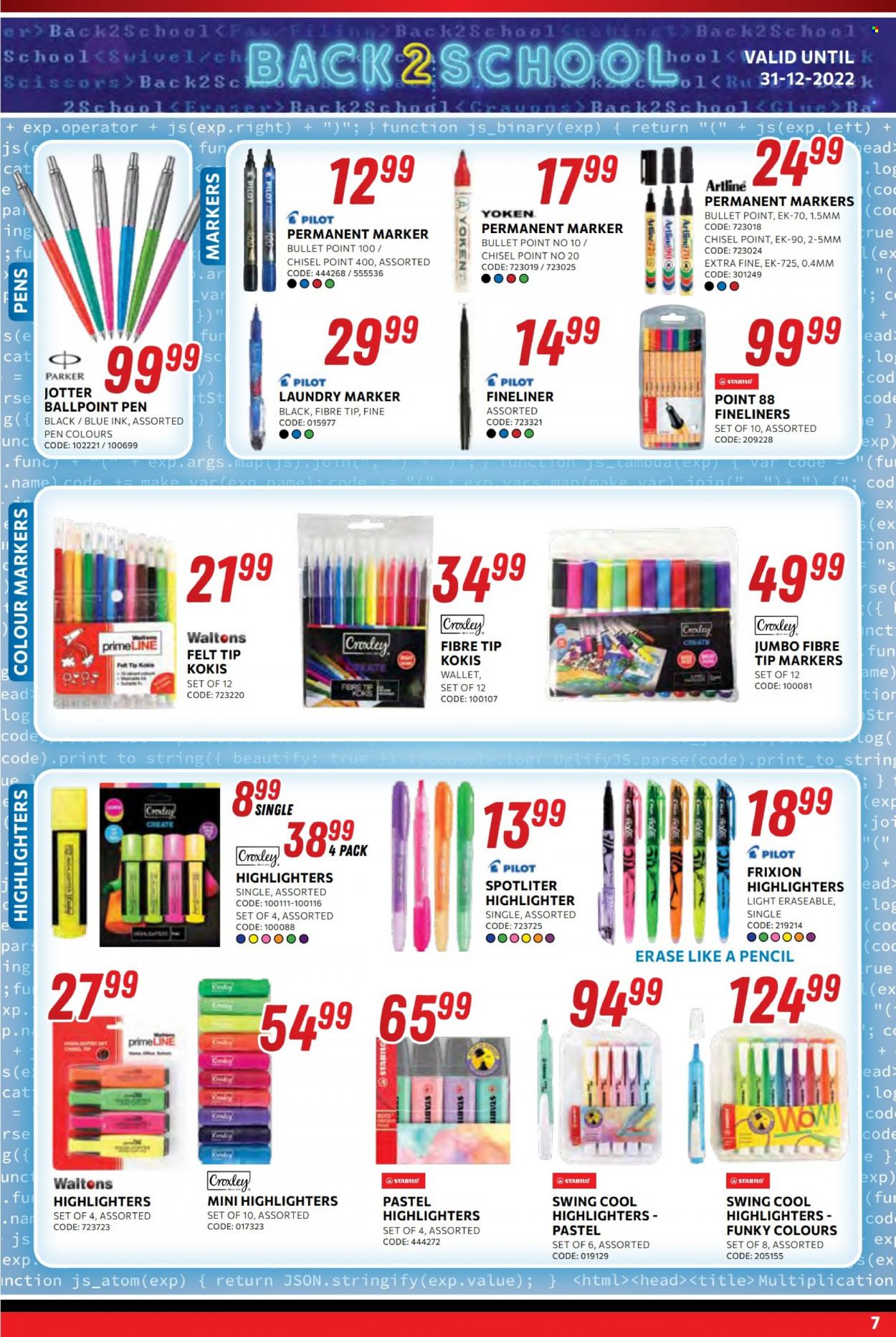 Waltons catalogue  - 16/12/2022 - 31/12/2022 - Sales products - pen, scissors, marker, glue, pencil, Pilot, Parker. Page 7.