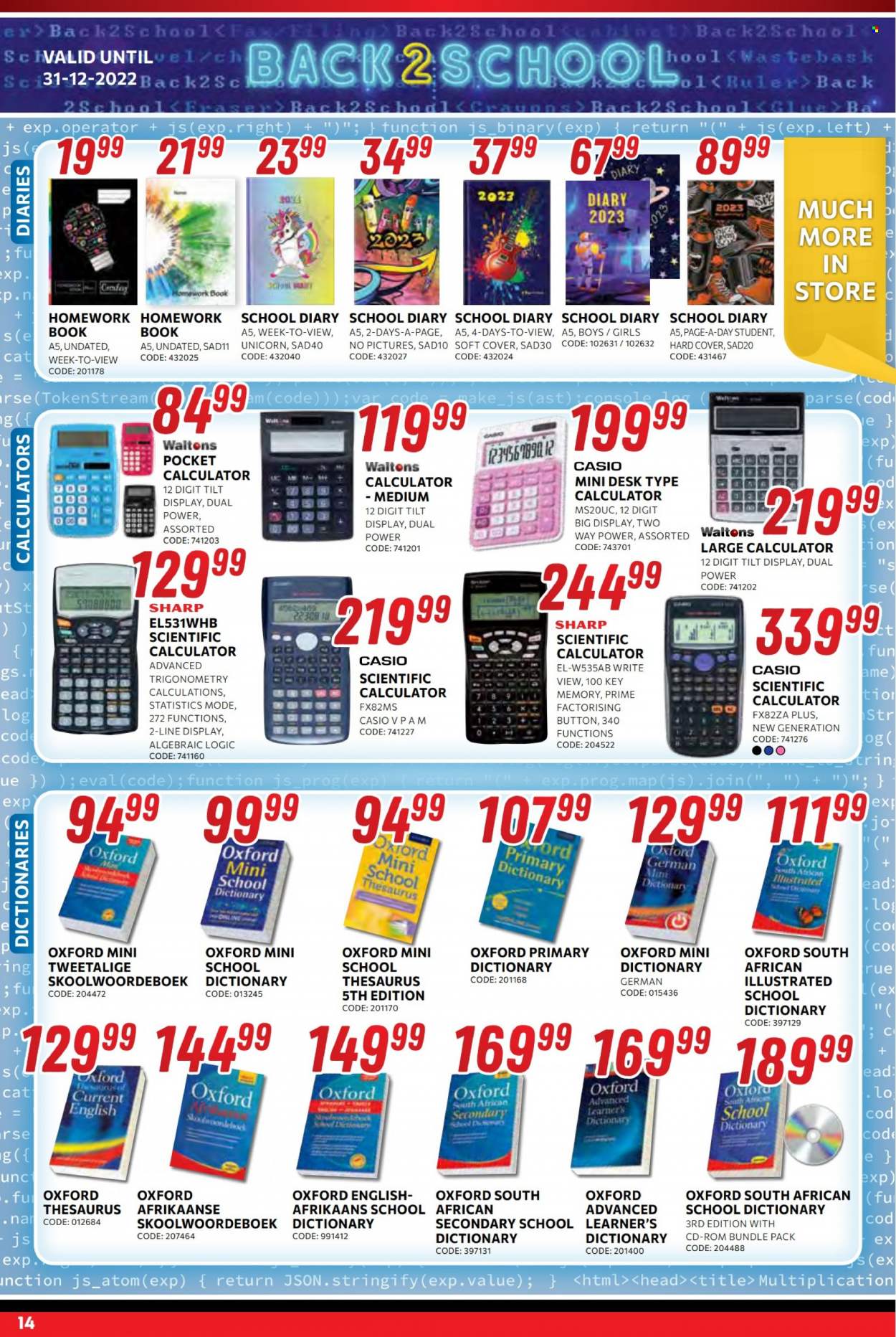 thumbnail - Waltons catalogue  - 16/12/2022 - 31/12/2022 - Sales products - Sharp, diary, calculator, glue, book. Page 14.