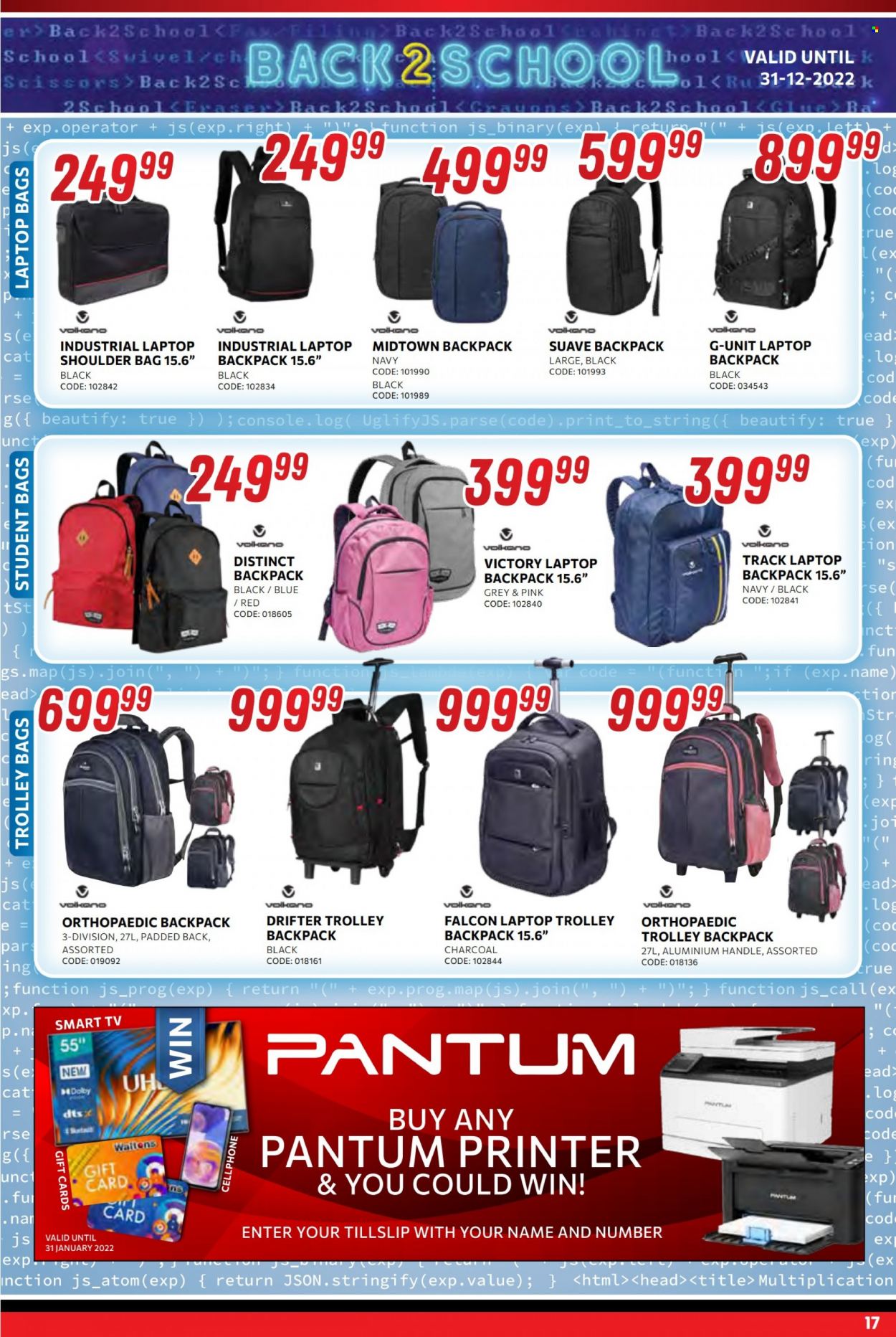 thumbnail - Waltons catalogue  - 16/12/2022 - 31/12/2022 - Sales products - bag, scissors, glue, laptop backpack, Volkano, printer, backpack, shoulder bag, trolley backpack. Page 17.