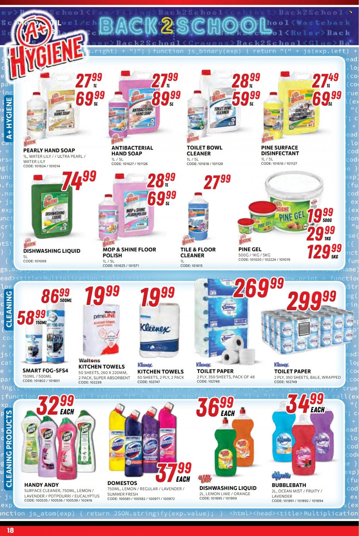 Waltons catalogue  - 16/12/2022 - 31/12/2022 - Sales products - Kleenex, toilet paper, kitchen towels, Domestos, surface cleaner, floor cleaner, desinfection, cleaner, toilet bowl, glue, ruler. Page 18.