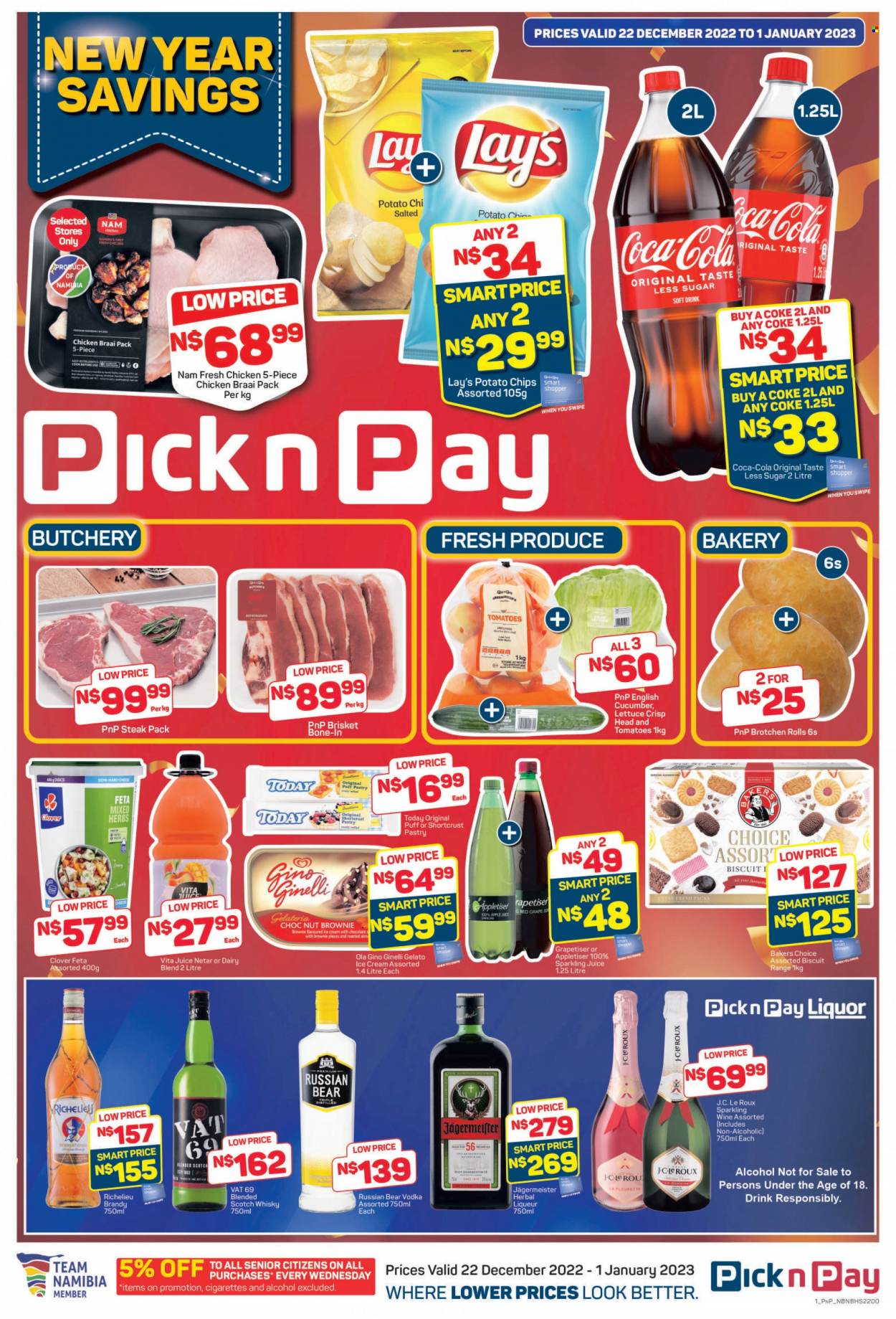 Pick n Pay catalogue  - 22/12/2022 - 01/01/2023 - Sales products - shortcrust pastry, brownies, lettuce, feta cheese, Clover, dairy blend, puff pastry, ice cream, Gino Ginelli, Ola, gelato, biscuit, potato chips, chips, Lay's, apple juice, Coca-Cola, juice, soft drink, sparkling juice, Bai, sparkling wine, wine, alcohol, brandy, liqueur, vodka, liquor, herbal liqueur, Richelieu, Jägermeister, Russian Bear, Vat 69, scotch whisky, whisky, steak, Bakers. Page 1.