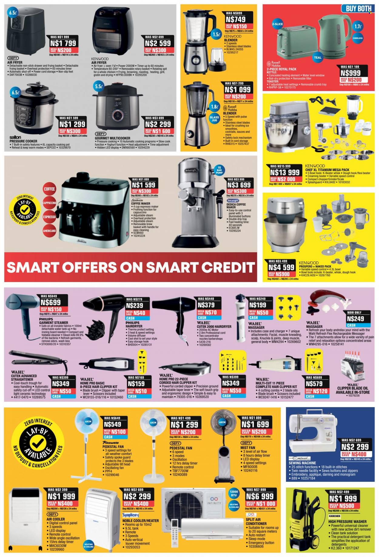 HomeCorp catalogue  - 22/12/2022 - 26/12/2022 - Sales products - Sunbeam, Philips, remote control, oven, air conditioner, air cooler, stand fan, coffee machine, espresso maker, blender, pressure cooker, air fryer, Kenwood, Russell Hobbs, toaster, kettle, sewing machine, grinder, garment steamer, scale, basket, tank. Page 7.