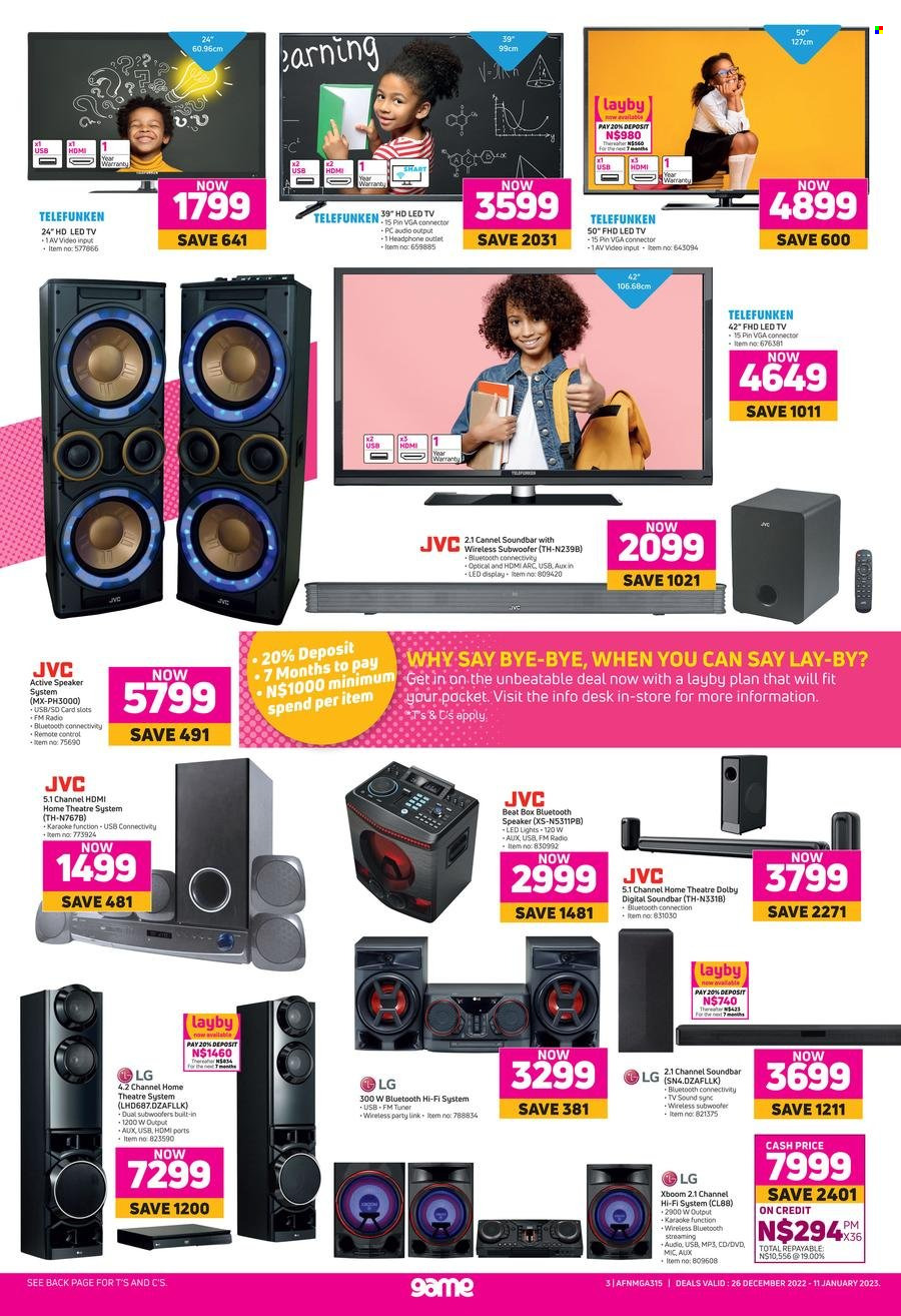 Game catalogue  - 26/12/2022 - 11/01/2023 - Sales products - LG, LED TV, JVC, TV, radio, home theater, hi-fi, speaker, subwoofer, wireless subwoofer, bluetooth speaker, sound bar, headphones, remote control. Page 3.