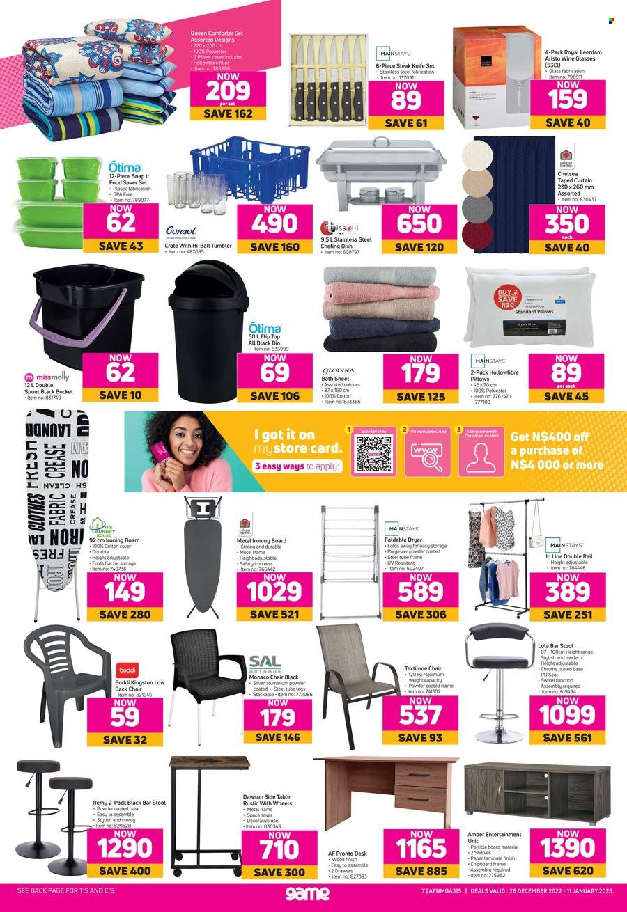 Game catalogue  - 26/12/2022 - 11/01/2023 - Sales products - wine, knife, tumbler, wine glass, chafing dish, steak knife, crate, comforter, pillow, curtains, table, bin. Page 7.