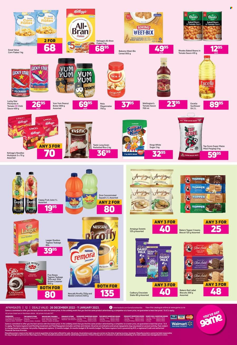 Game catalogue  - 26/12/2022 - 11/01/2023 - Sales products - Sony, beans, sardines, noodles, Ellis Brown, creamer, mayonnaise, chocolate, chocolate slabs, cereal bar, Kellogg's, biscuit, Cadbury, Dairy Milk, sugar, Cremora, maize meal, baked beans, cereals, corn flakes, Weet-Bix, bran flakes, All-Bran, rice, parboiled rice, Tastic, sunflower oil, oil, peanut butter, fruit juice, juice, Oros, tea, tea bags, rooibos tea, Ricoffy, Nescafé, topper, Bakers. Page 12.