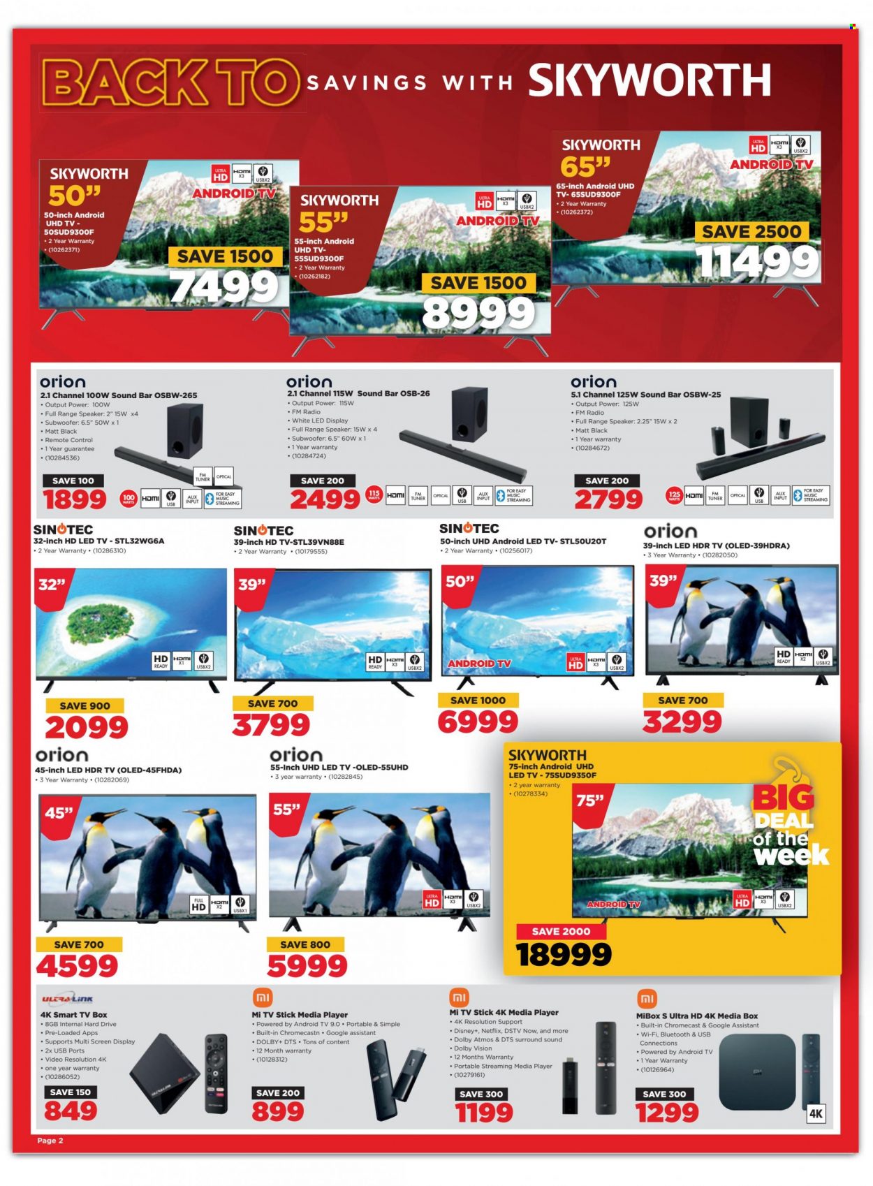 HiFiCorp catalogue  - 27/12/2022 - 31/01/2023 - Sales products - hard disk, Android TV, LED TV, smart tv, UHD TV, ultra hd, HDTV, Skyworth, SINOTEC, radio, media player, speaker, subwoofer, sound bar, remote control, tv box, streaming media player, media box, Google Chromecast, TV stick, Disney. Page 2.