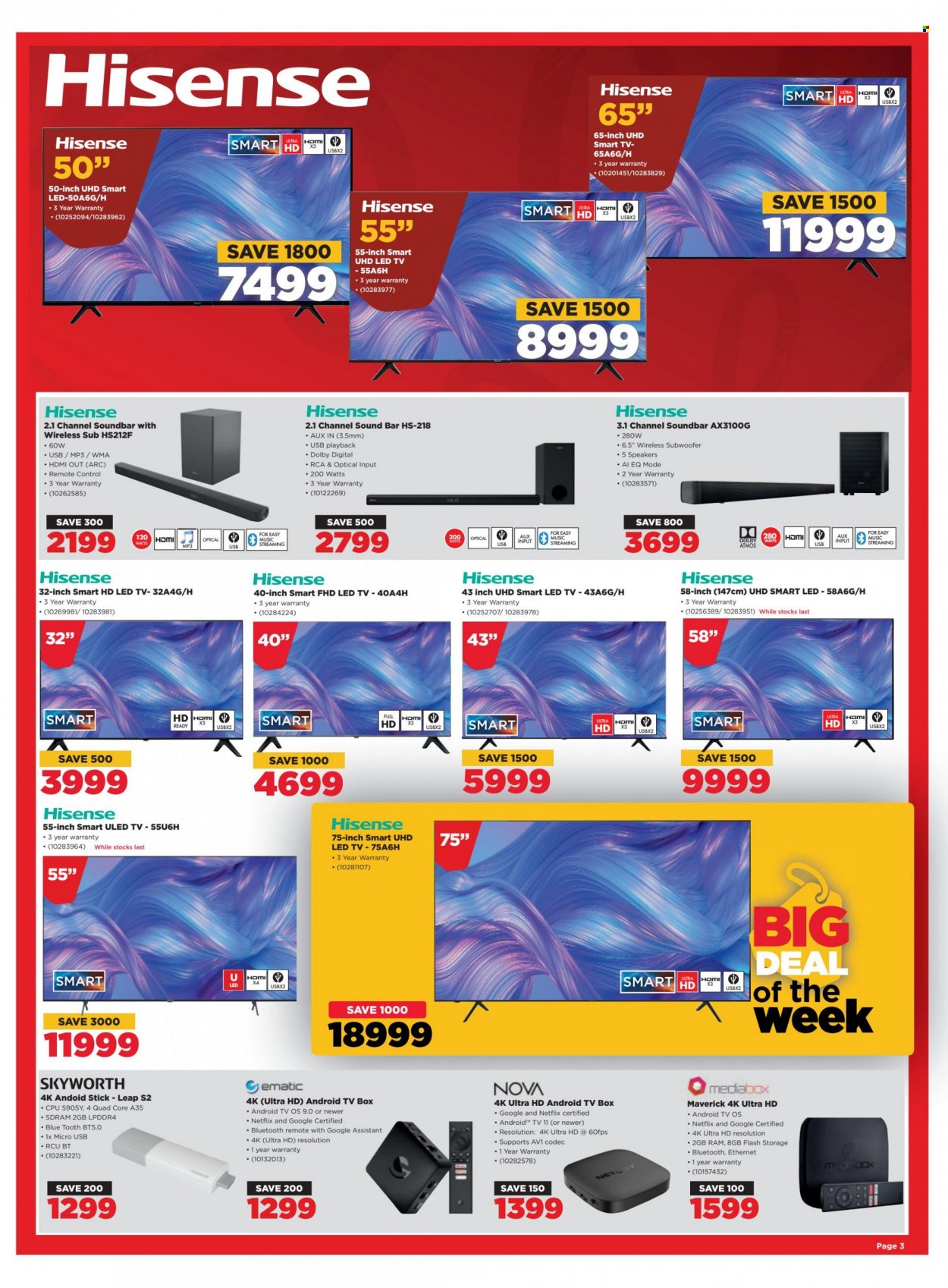 HiFiCorp catalogue  - 27/12/2022 - 31/01/2023 - Sales products - Hisense, RCA, Android TV, LED TV, smart tv, UHD TV, ultra hd, Skyworth, speaker, subwoofer, wireless subwoofer, sound bar, remote control, tv box. Page 3.