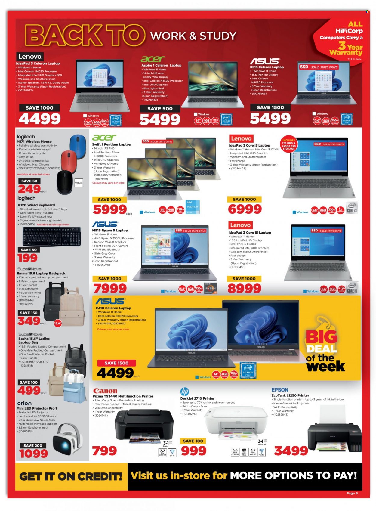 HiFiCorp catalogue  - 27/12/2022 - 31/01/2023 - Sales products - Intel, Acer, Asus, Lenovo, Hewlett Packard, webcam, laptop, Logitech, mouse, Radeon, keyboard, laptop backpack, Canon, camera, projector, Epson, speaker, earphone, printer, HP DeskJet, bag. Page 5.