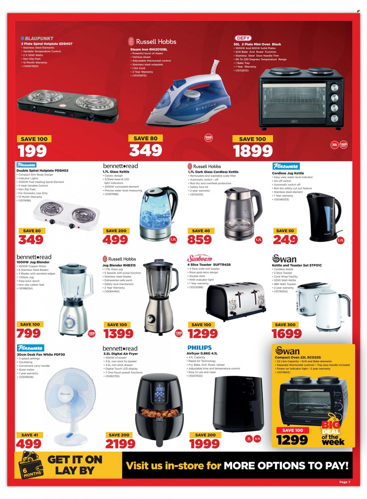 HiFiCorp catalogue  - 27/12/2022 - 31/01/2023 - Sales products - Philips, scale, oven, compact oven, dishwasher, desk fan, Sunbeam, Bennett Read, blender, air fryer, Russell Hobbs, toaster, kettle, iron, steam iron. Page 7.
